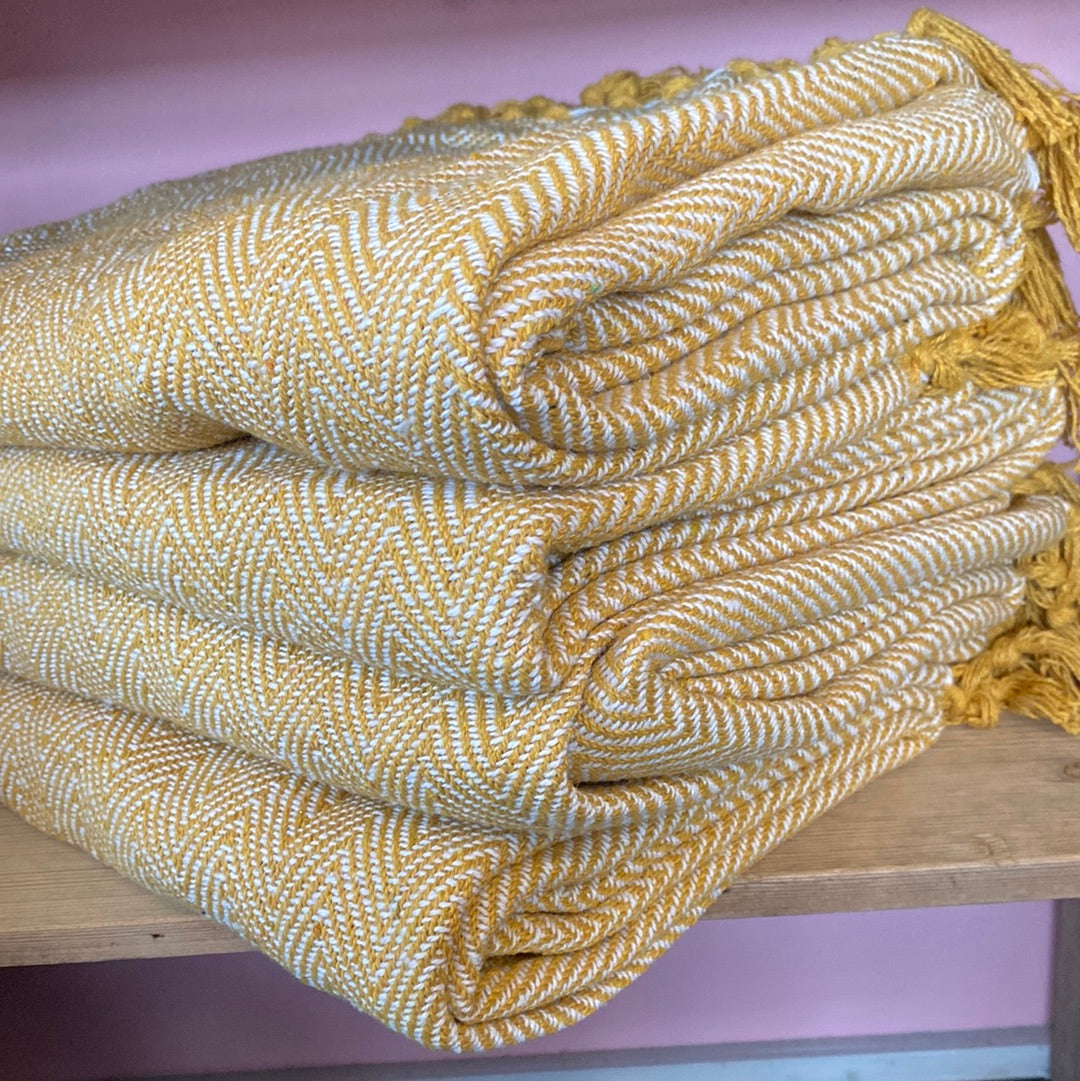 Recycled Cotton Blanket Mustard Herringbone