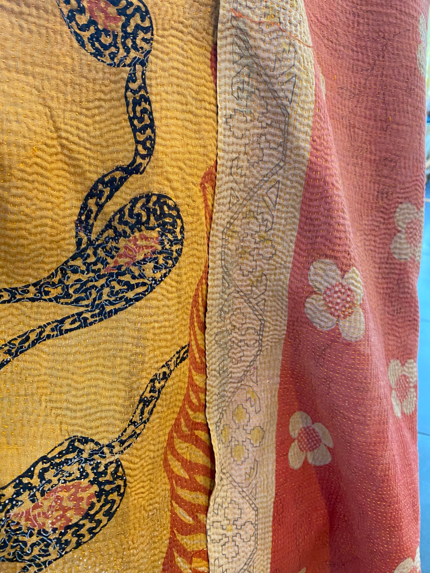 Vintage Cotton Sari Kantha Blanket