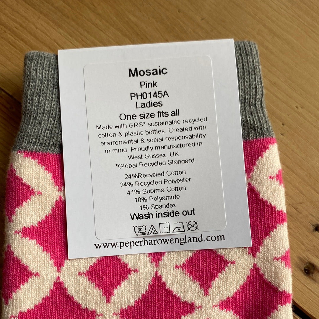 Ladies Recycled Cotton Socks Pink Mosaic