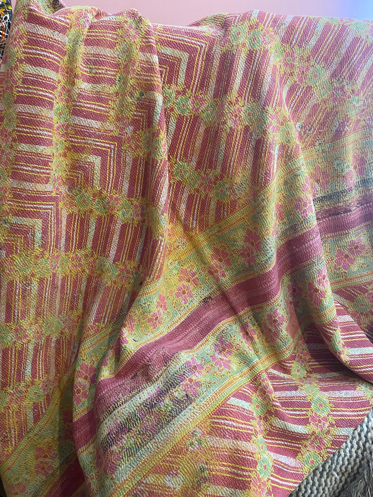 Vintage Cotton Sari Kantha Blanket