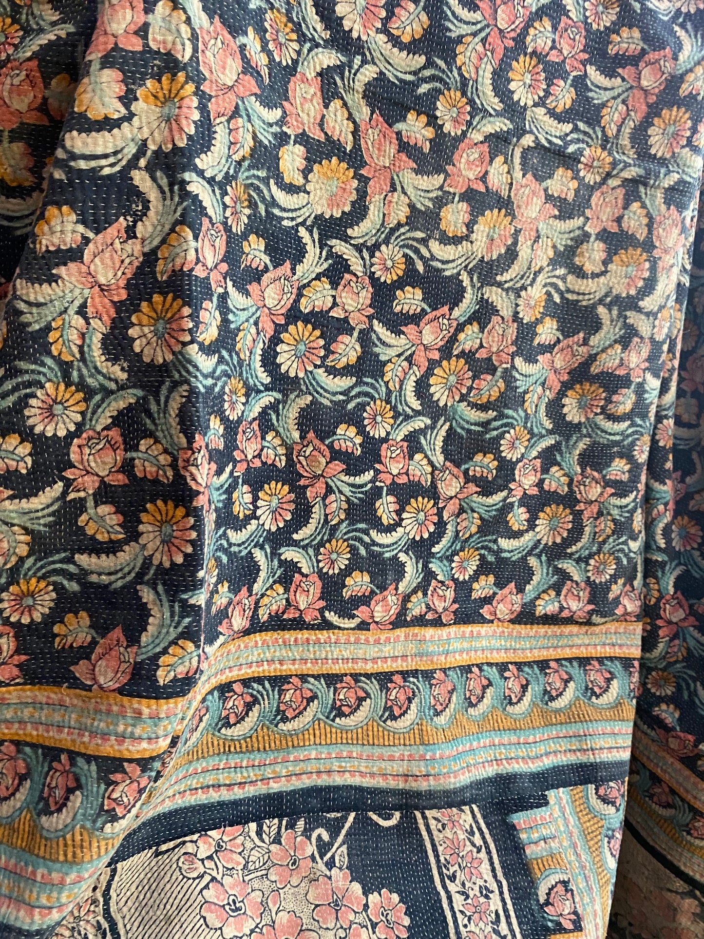 Vintage Cotton Sari Kantha Blanket