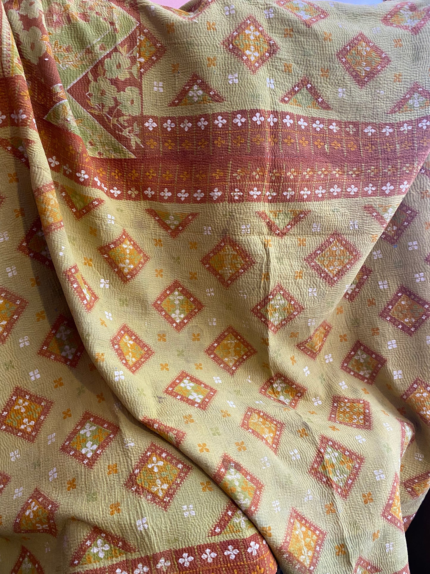 Vintage Cotton Sari Kantha Blanket