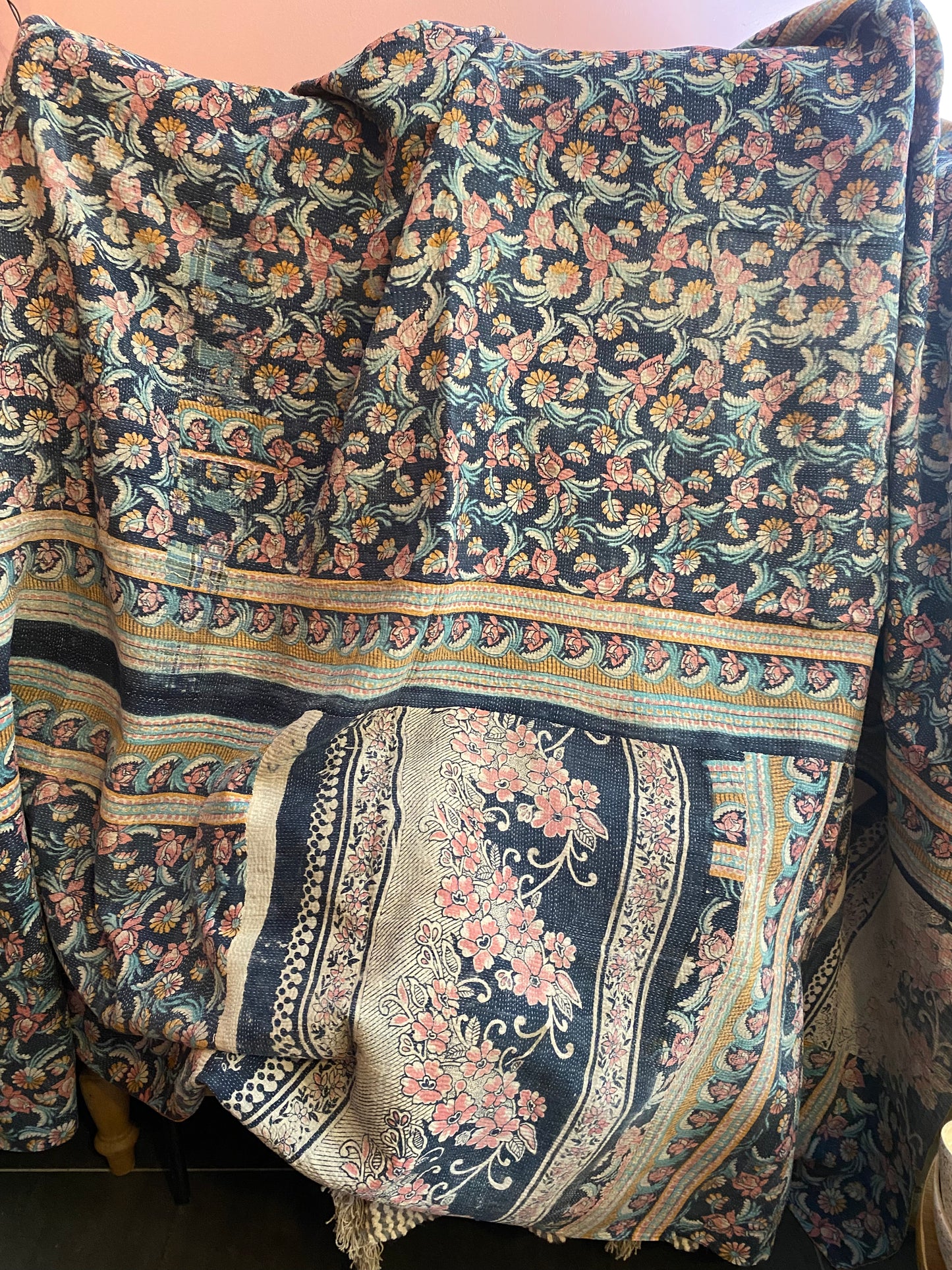 Vintage Cotton Sari Kantha Blanket