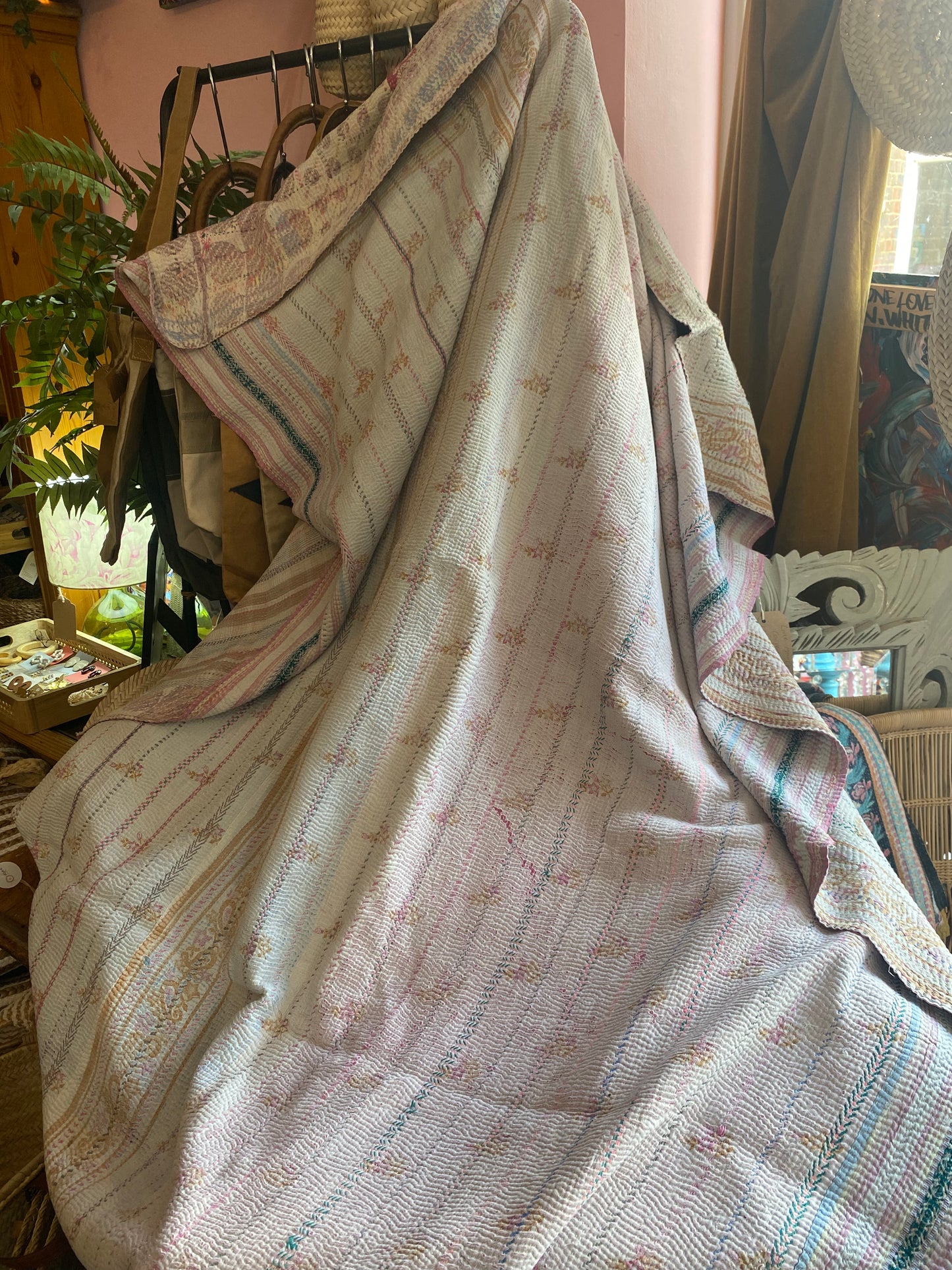 Vintage Cotton Sari Kantha Blanket