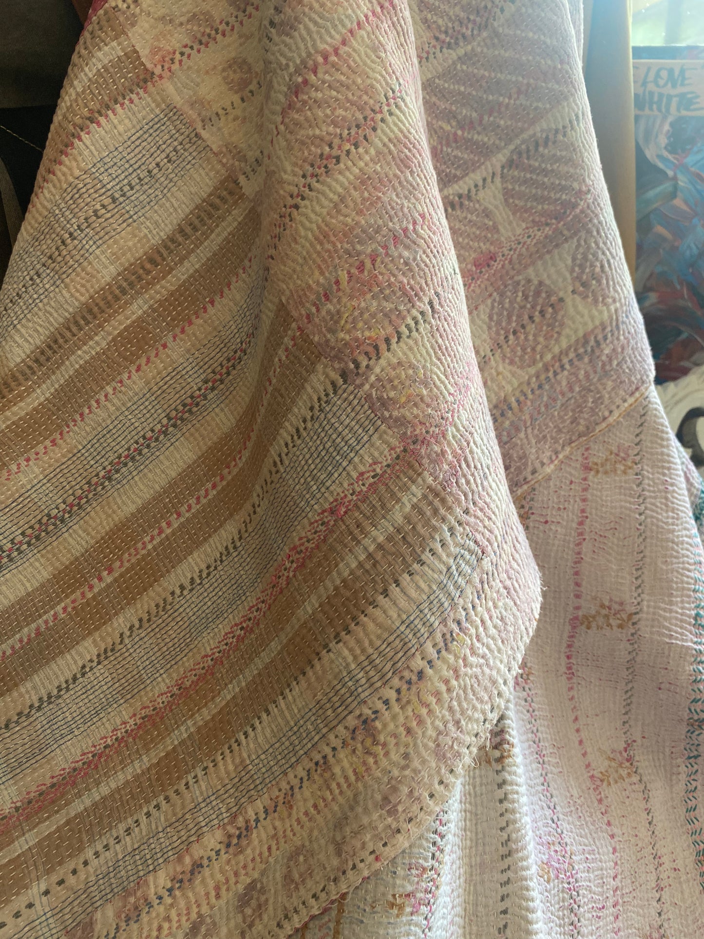 Vintage Cotton Sari Kantha Blanket