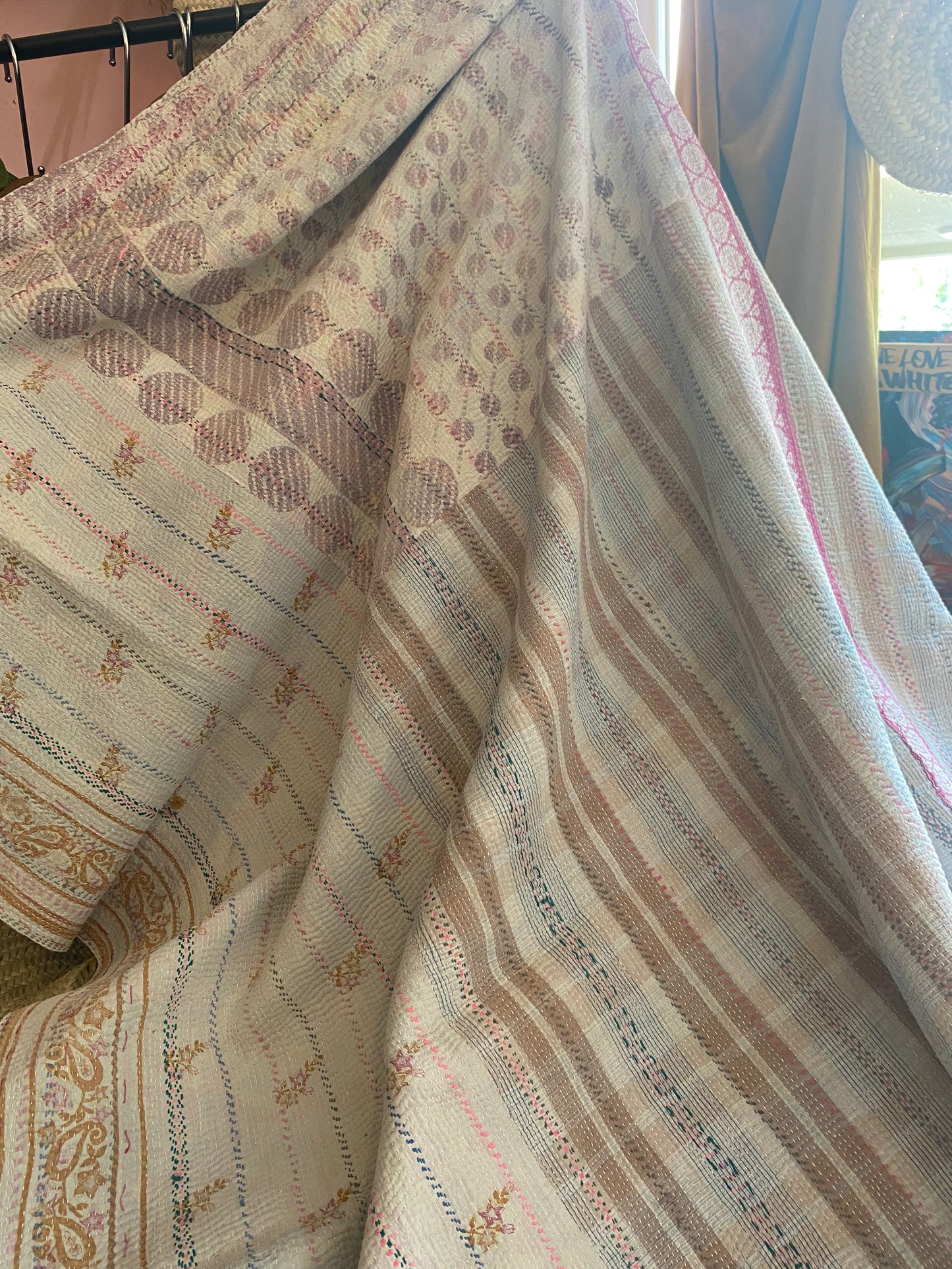 Vintage Cotton Sari Kantha Blanket