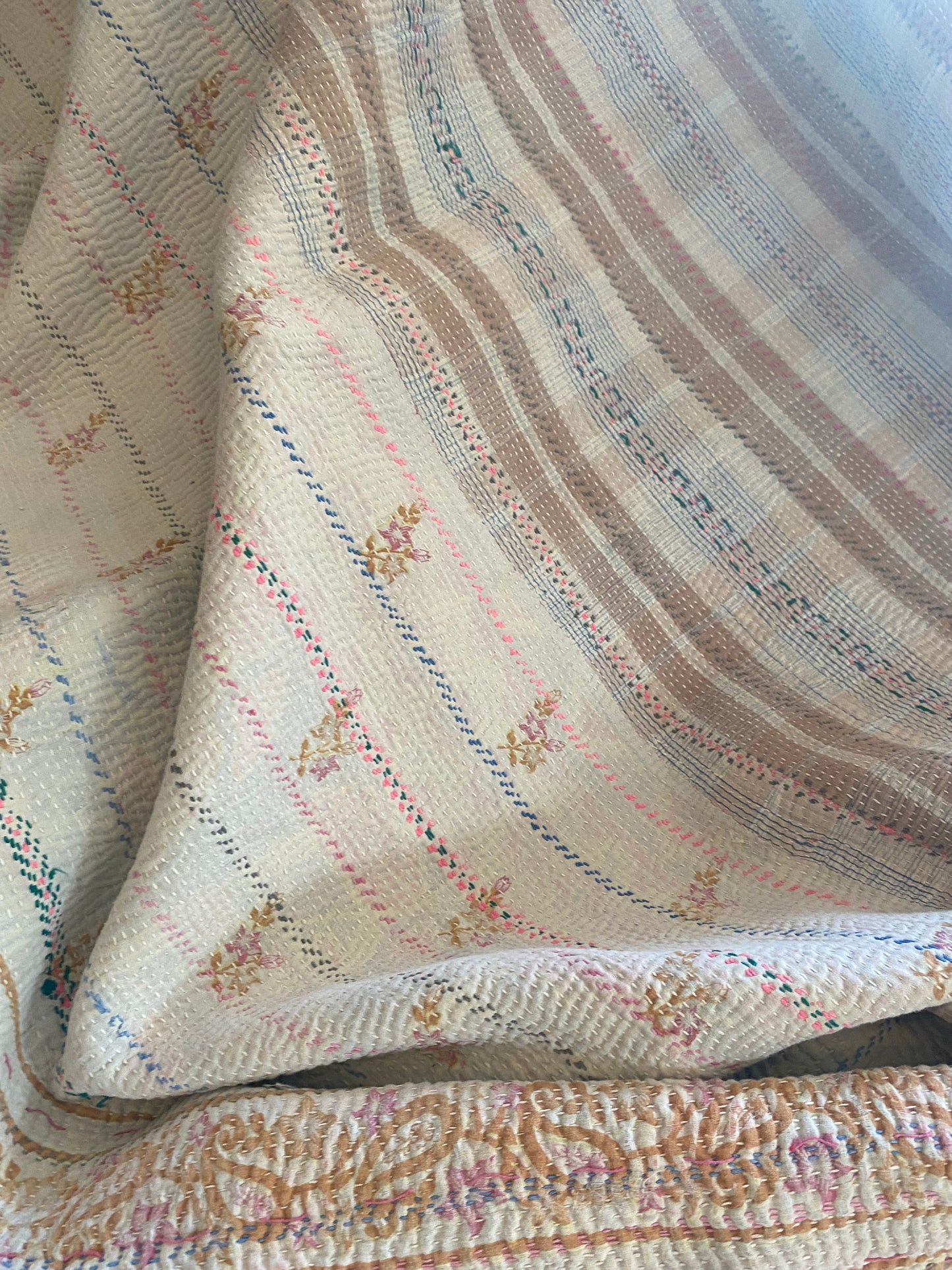 Vintage Cotton Sari Kantha Blanket