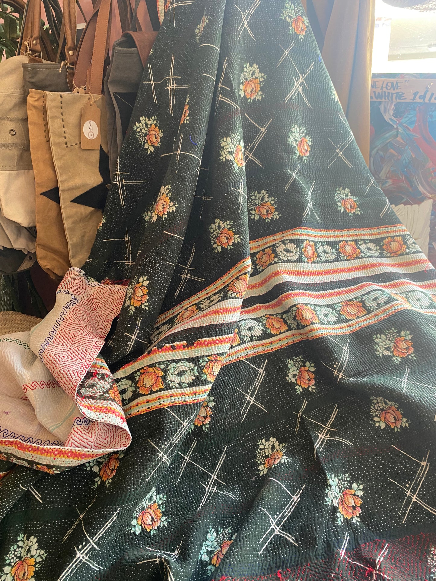 Vintage Cotton Sari Kantha Blanket