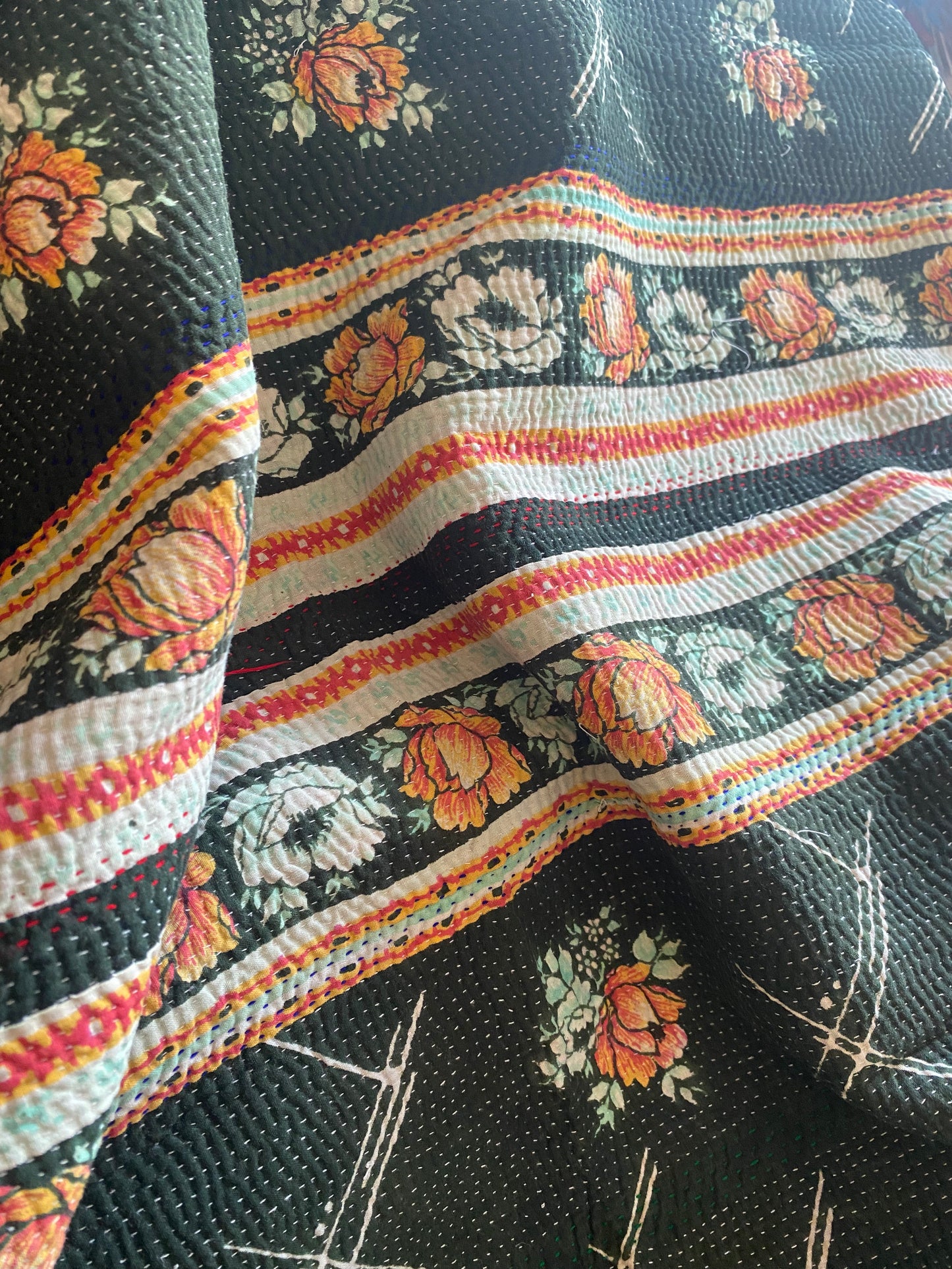 Vintage Cotton Sari Kantha Blanket