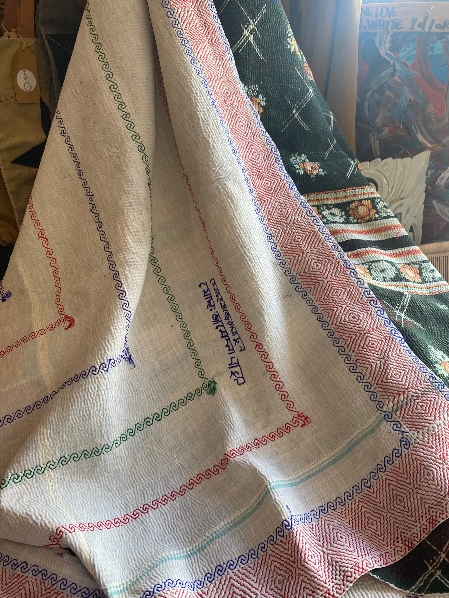 Vintage Cotton Sari Kantha Blanket