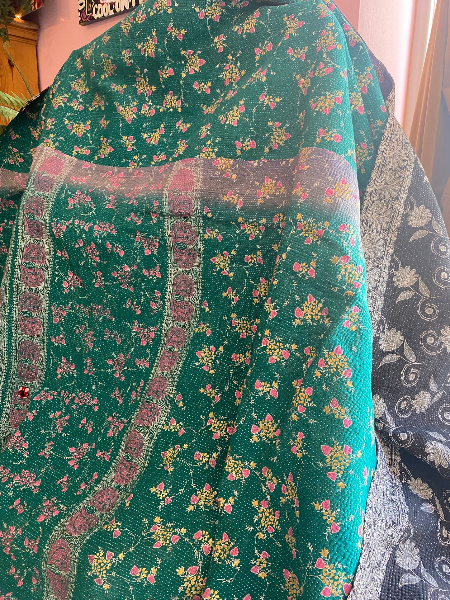 Vintage Cotton Sari Kantha Blanket