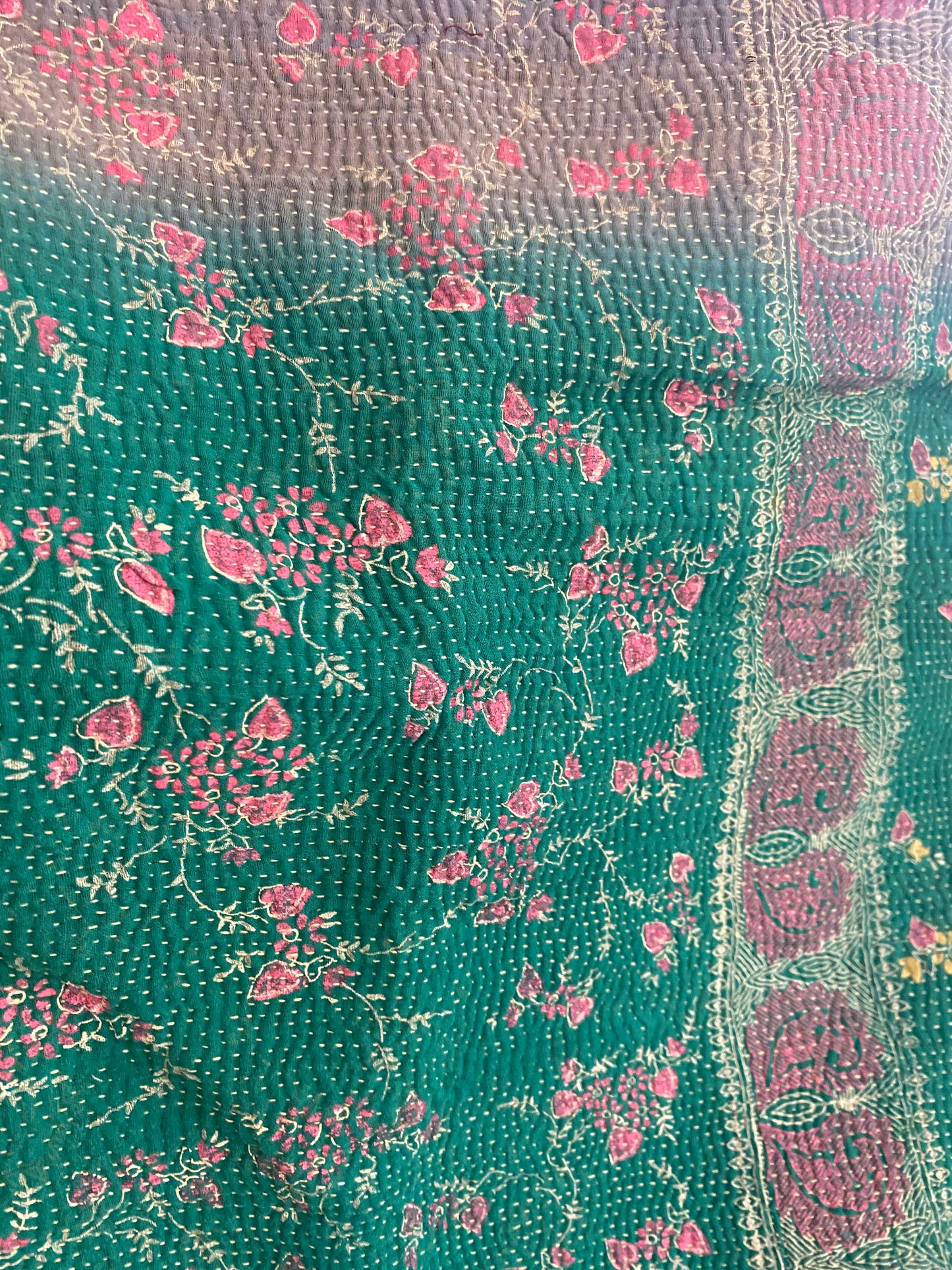 Vintage Cotton Sari Kantha Blanket