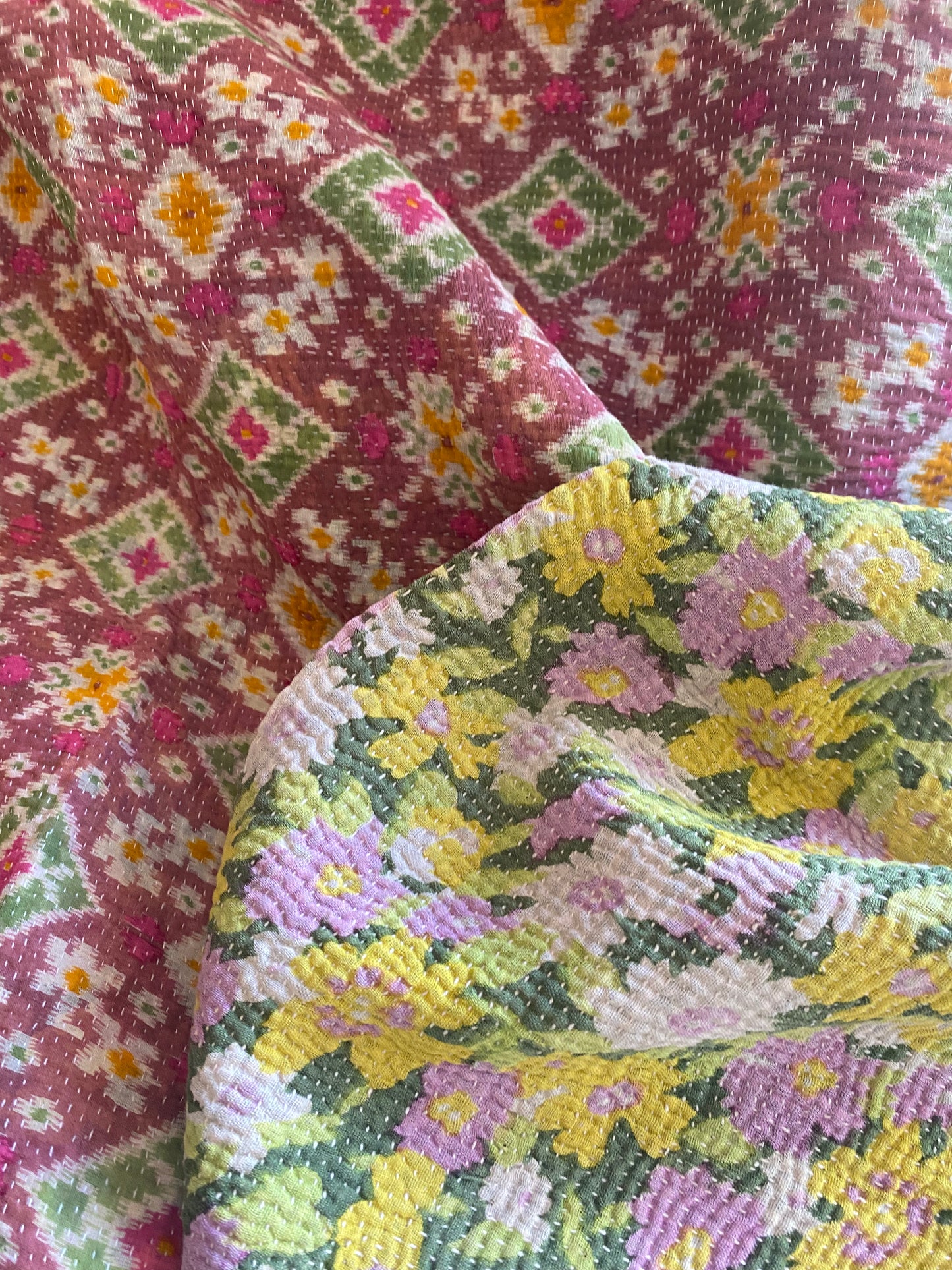 Vintage Cotton Sari Kantha Blanket