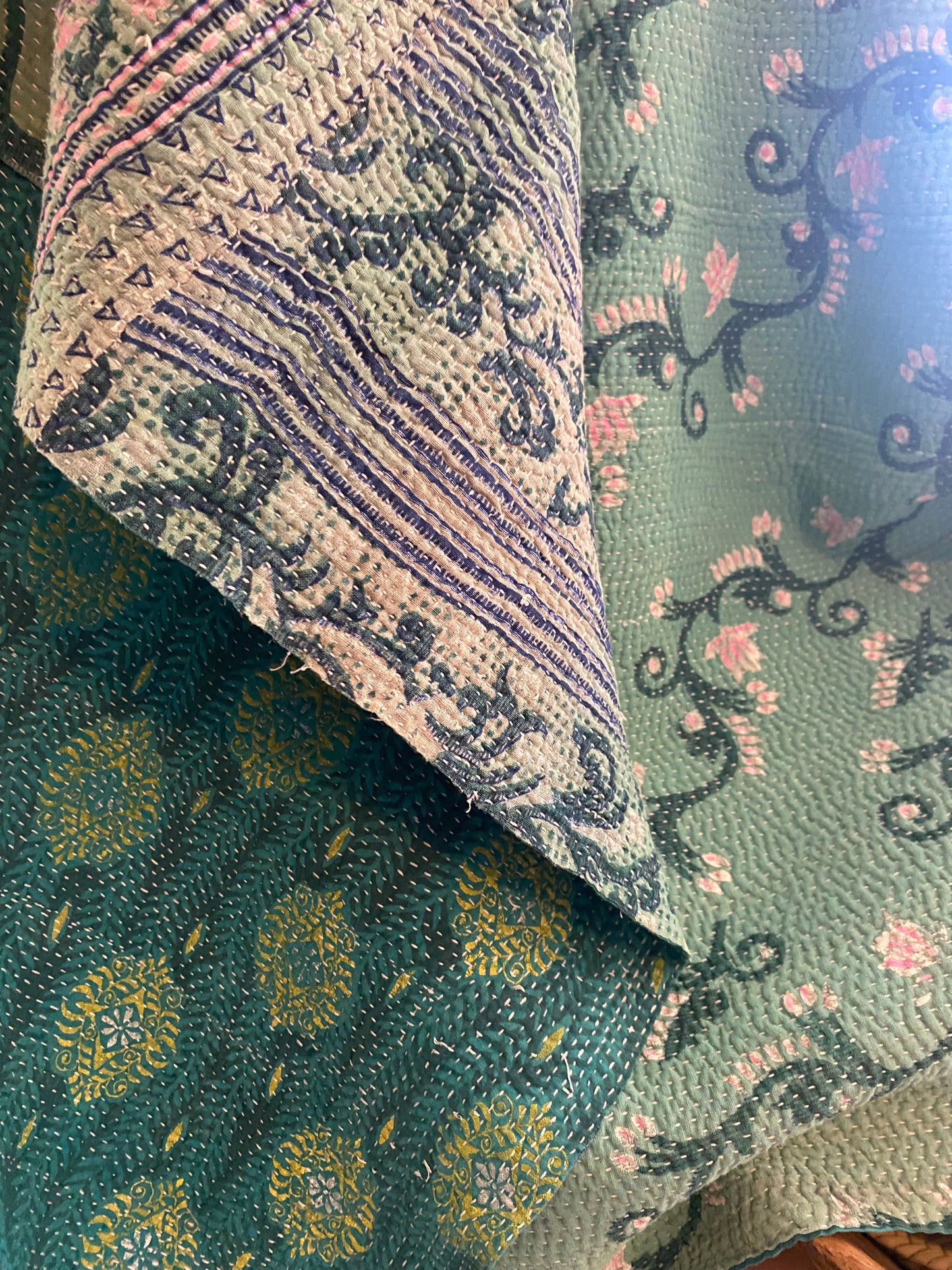 Vintage Cotton Sari Kantha Blanket