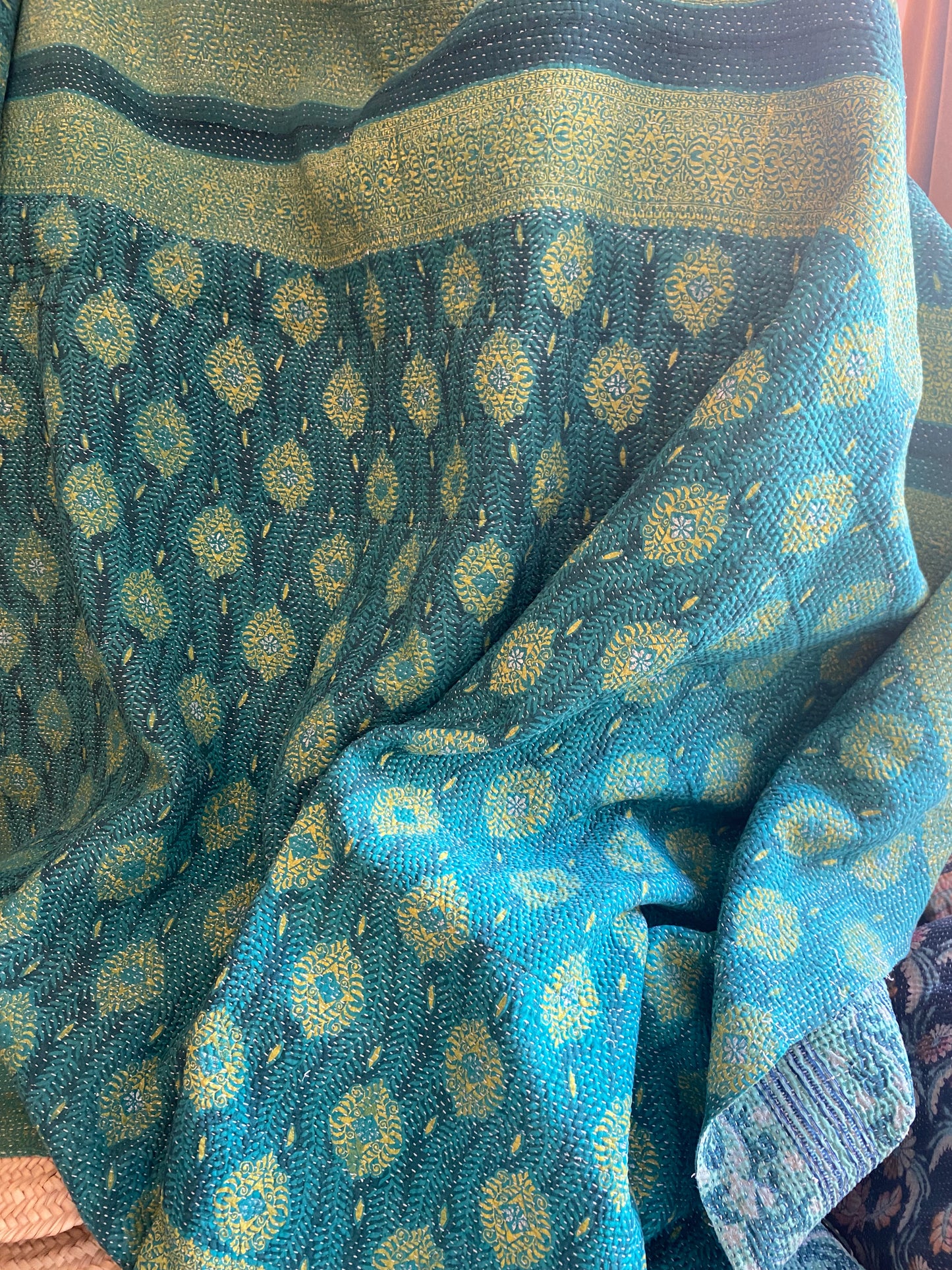 Vintage Cotton Sari Kantha Blanket