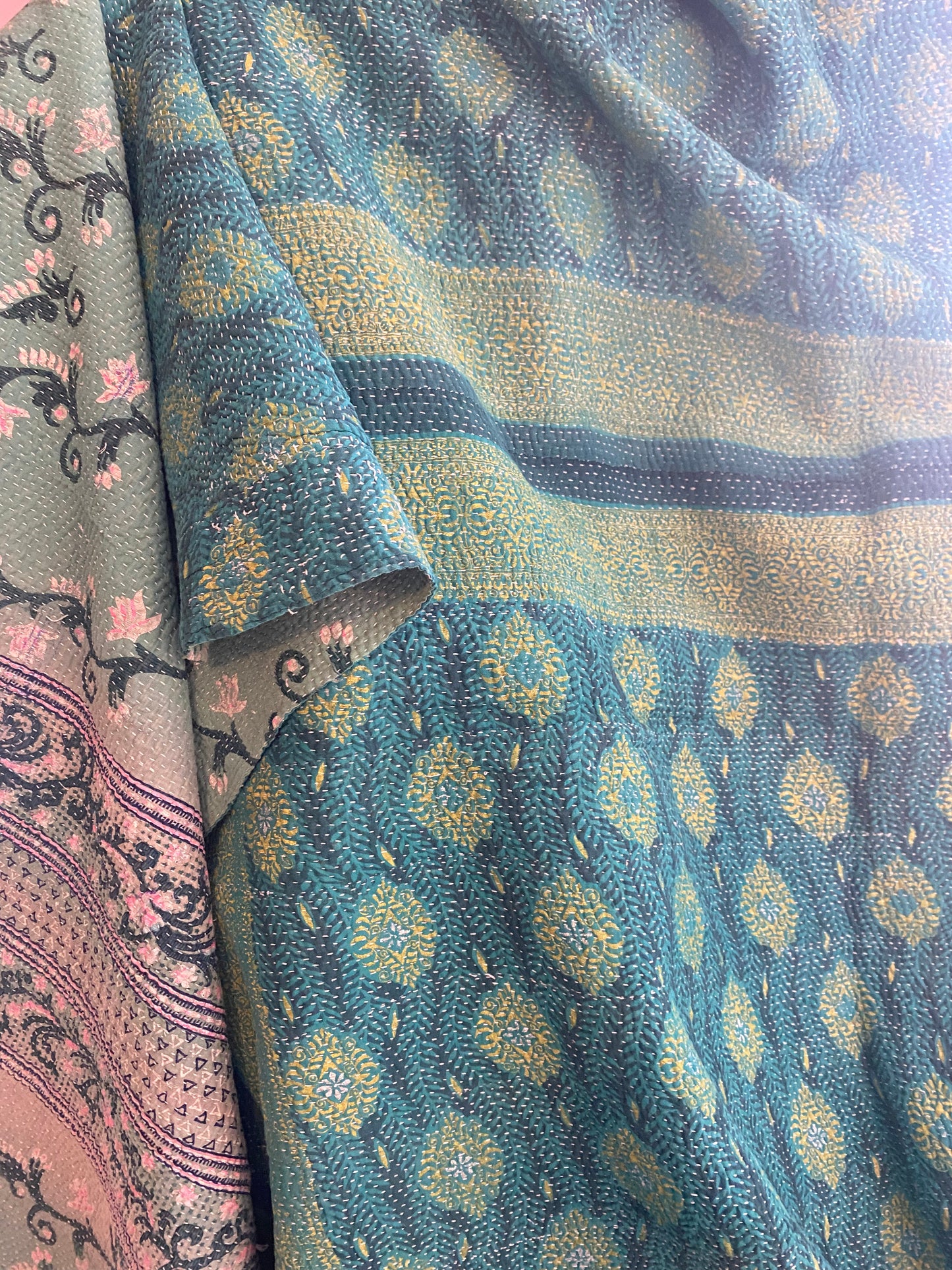 Vintage Cotton Sari Kantha Blanket