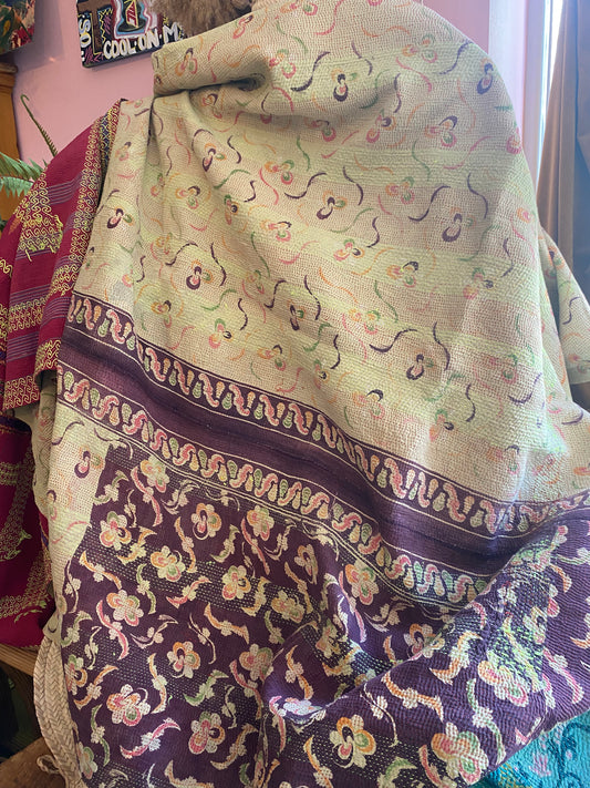 Vintage Cotton Sari Kantha Blanket