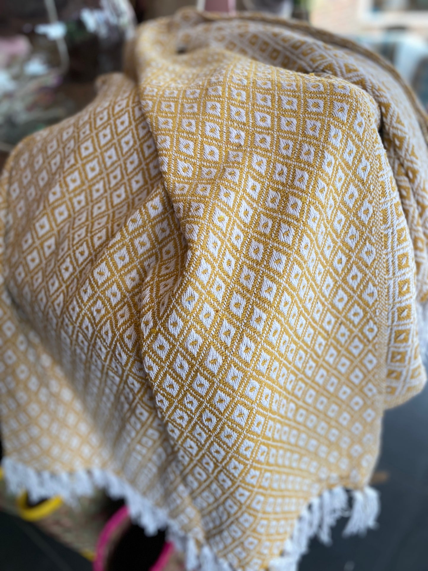 Large Recycled Cotton Blanket Yellow Diamond