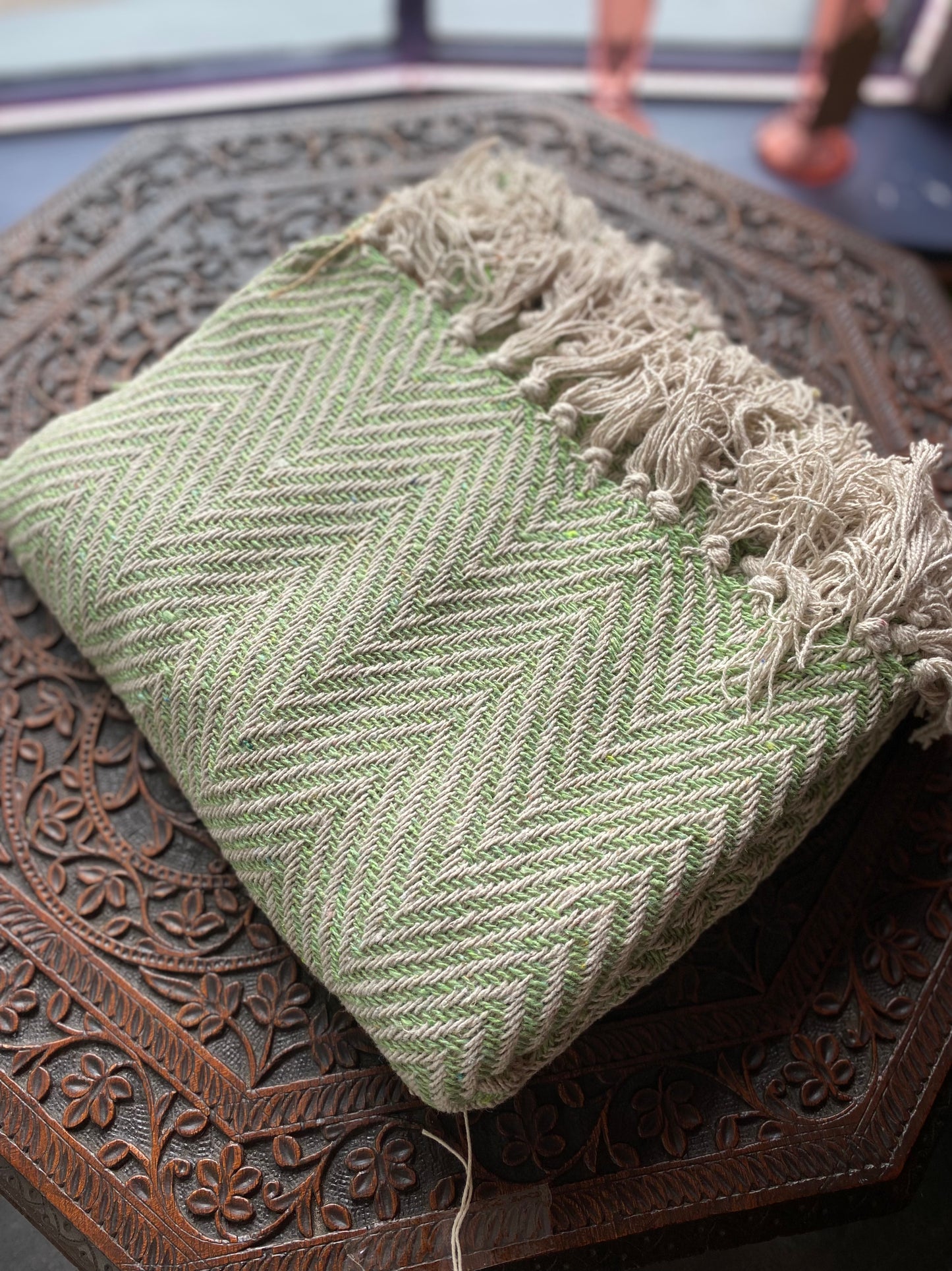 Recycled Cotton Blanket Green Herringbone