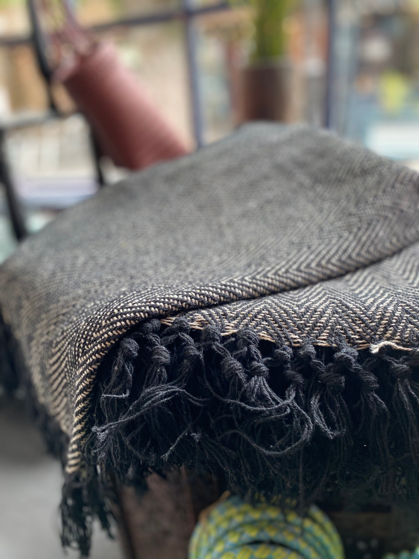 Large Recycled Cotton Blanket Black Herringbone