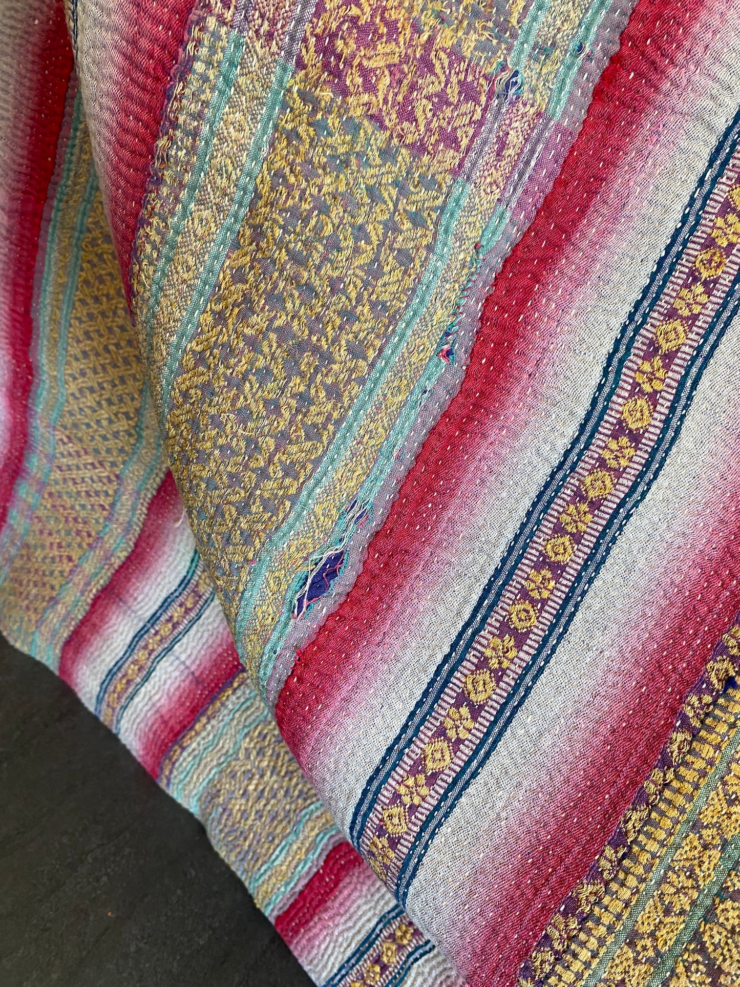 Vintage Cotton Sari Kantha Blanket