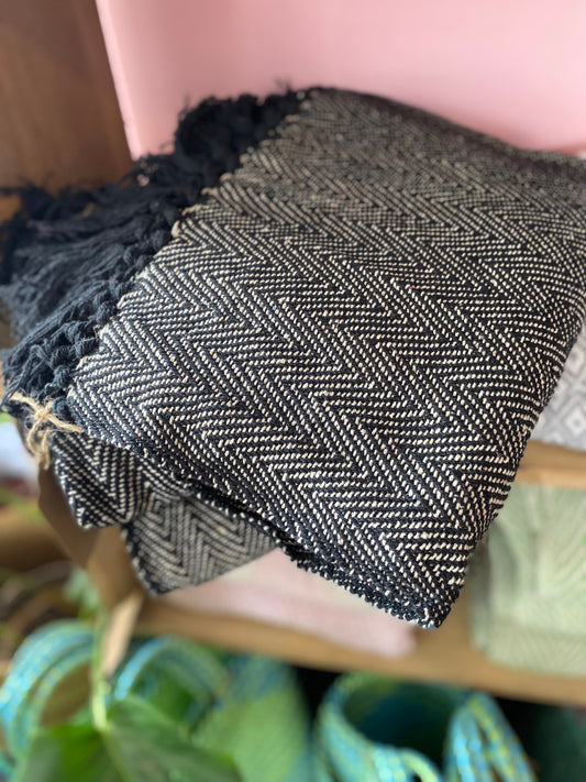 Recycled Cotton Blanket Black Herringbone