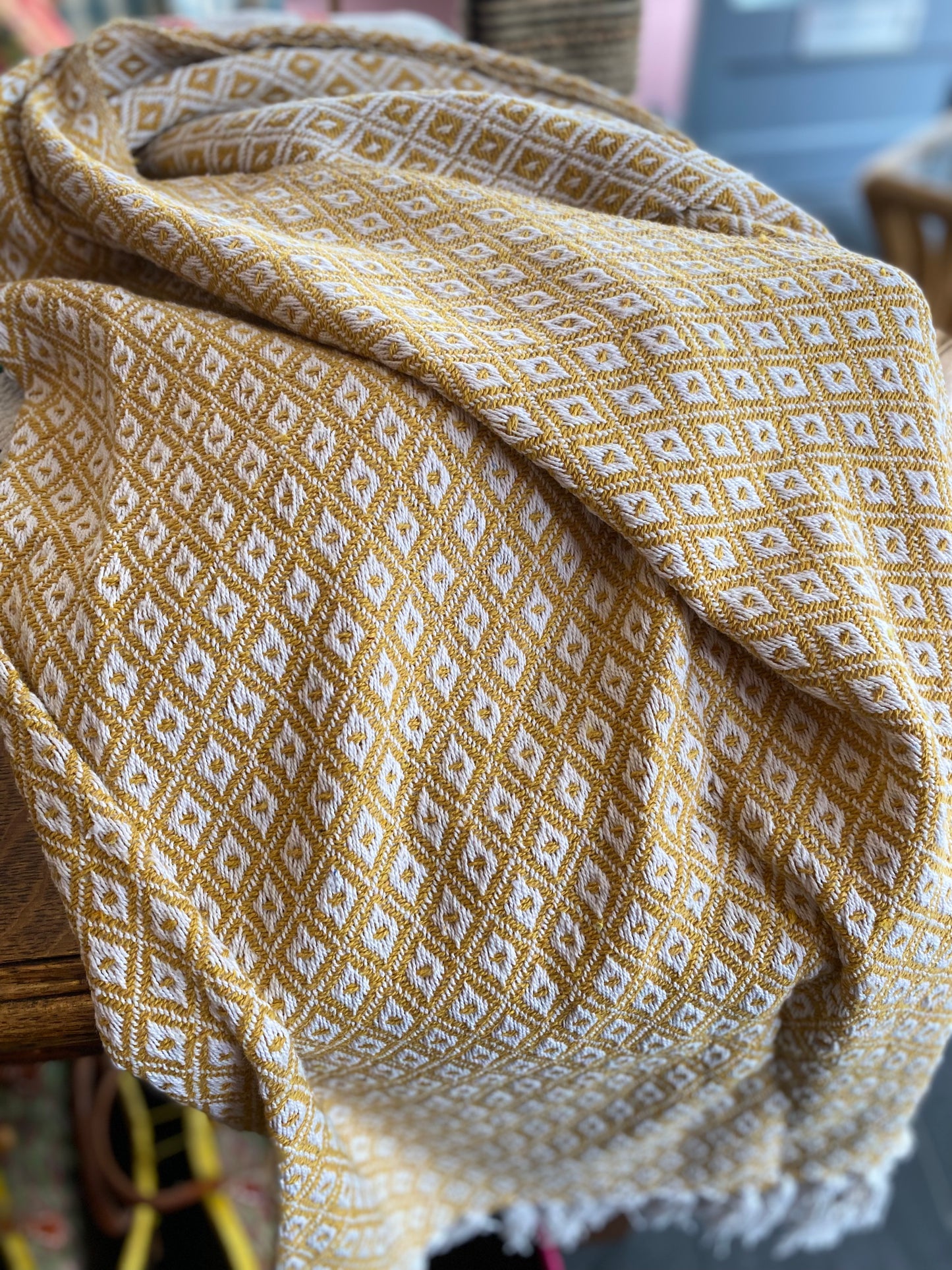 Large Recycled Cotton Blanket Yellow Diamond