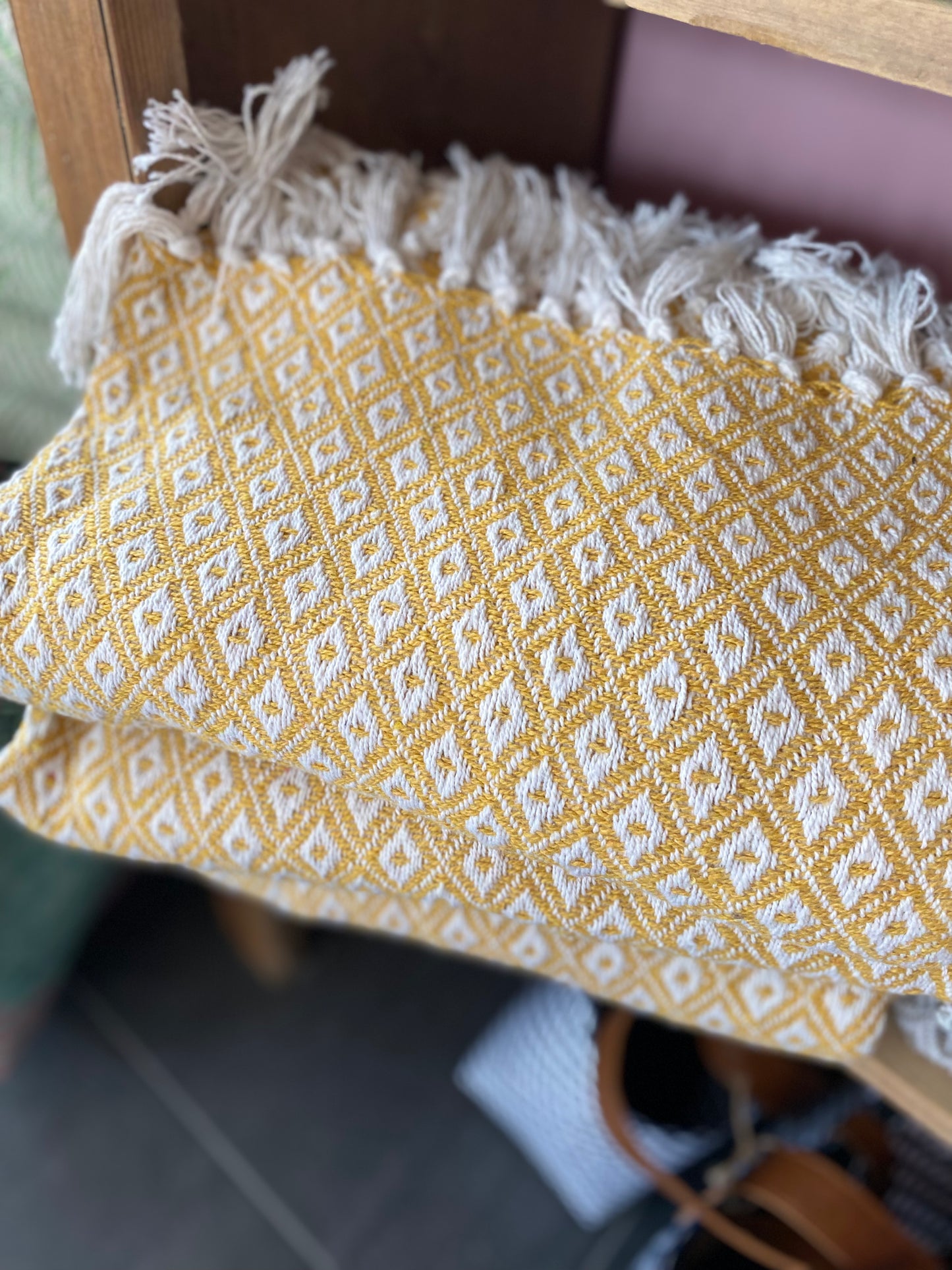 Large Recycled Cotton Blanket Yellow Diamond