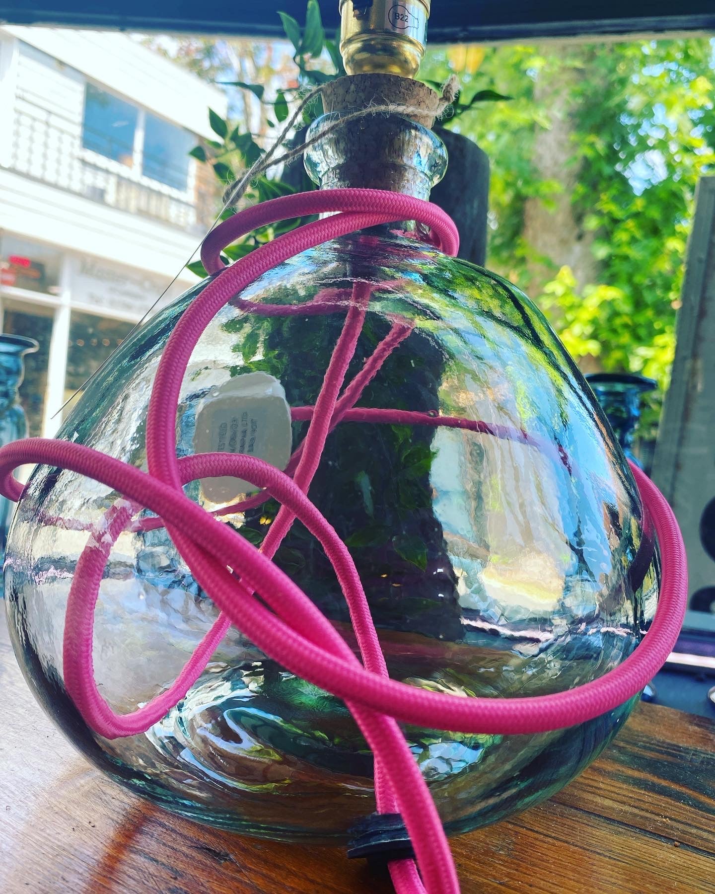 Recycled Clear Glass Lamp With Pink Flex