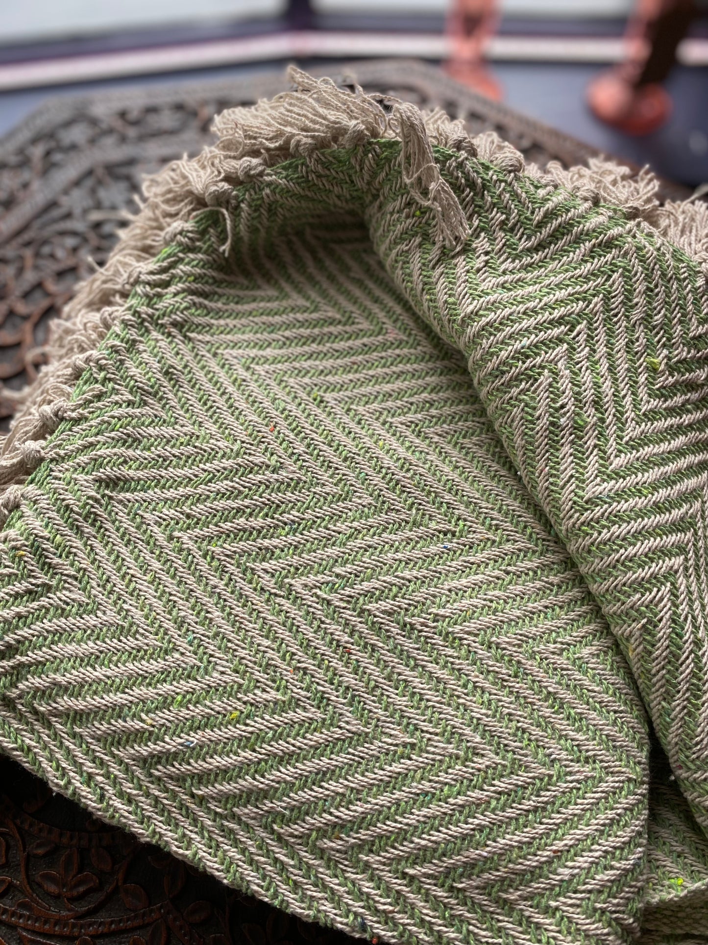 Recycled Cotton Blanket Green Herringbone