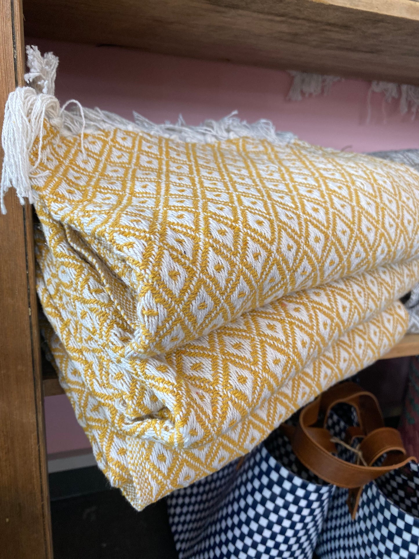 Large Recycled Cotton Blanket Yellow Diamond