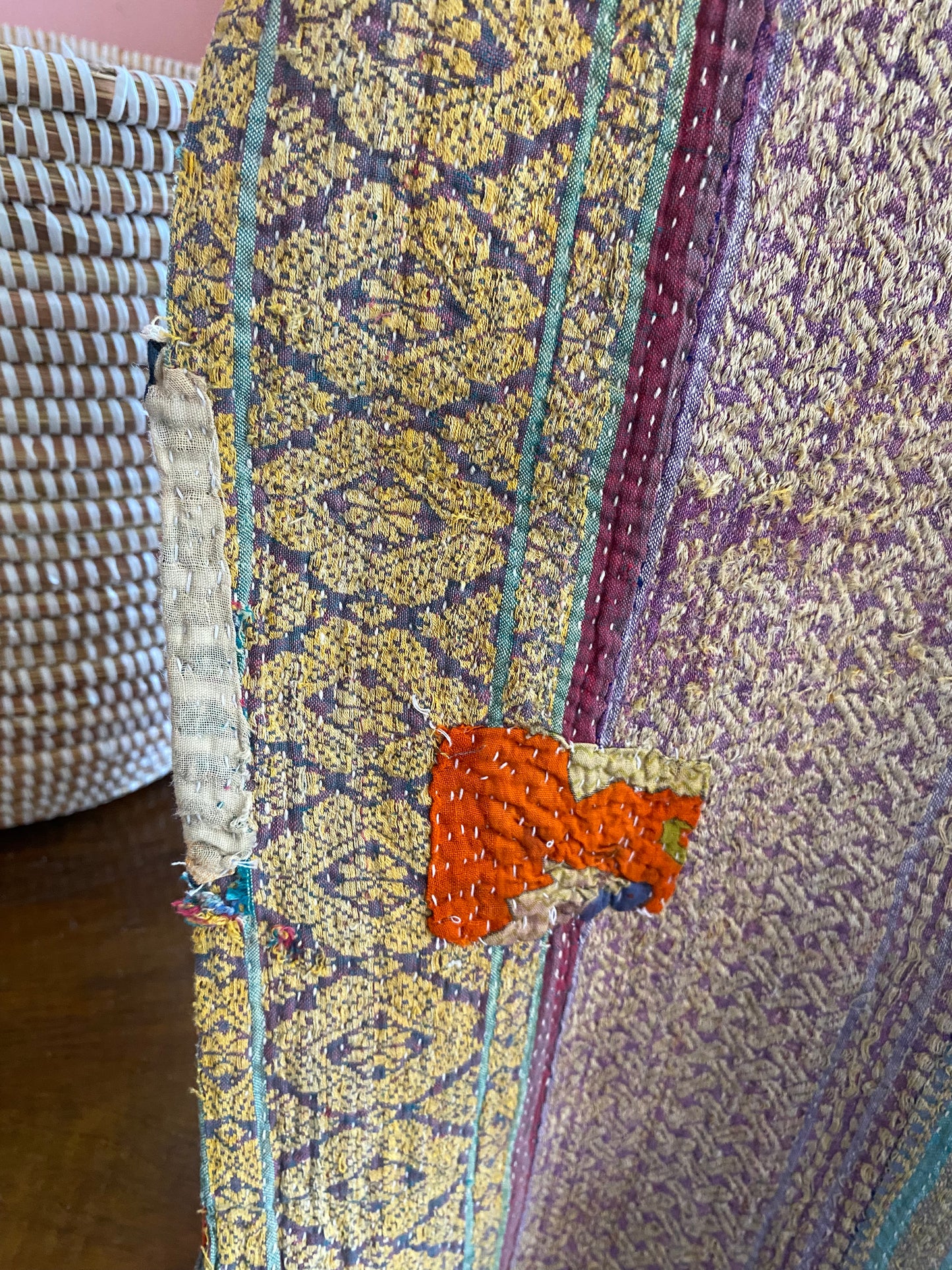 Vintage Cotton Sari Kantha Blanket