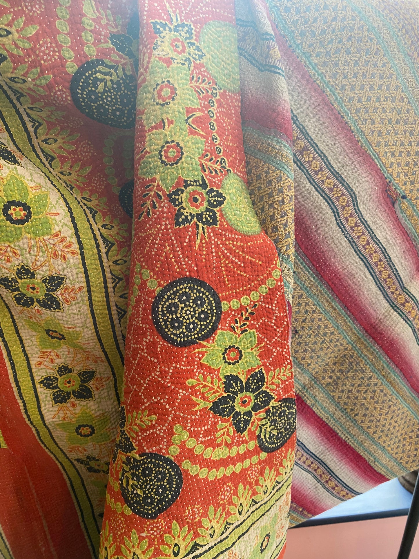 Vintage Cotton Sari Kantha Blanket