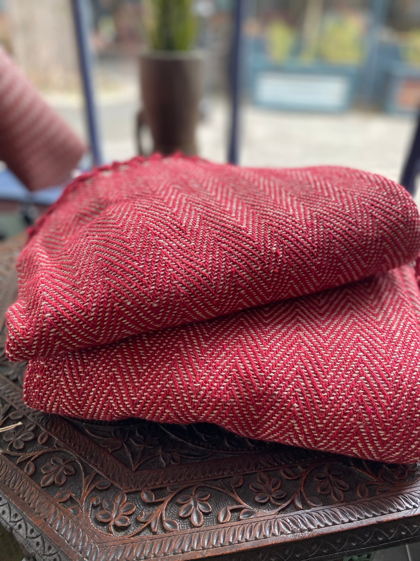 Recycled Cotton Blanket Red Herringbone