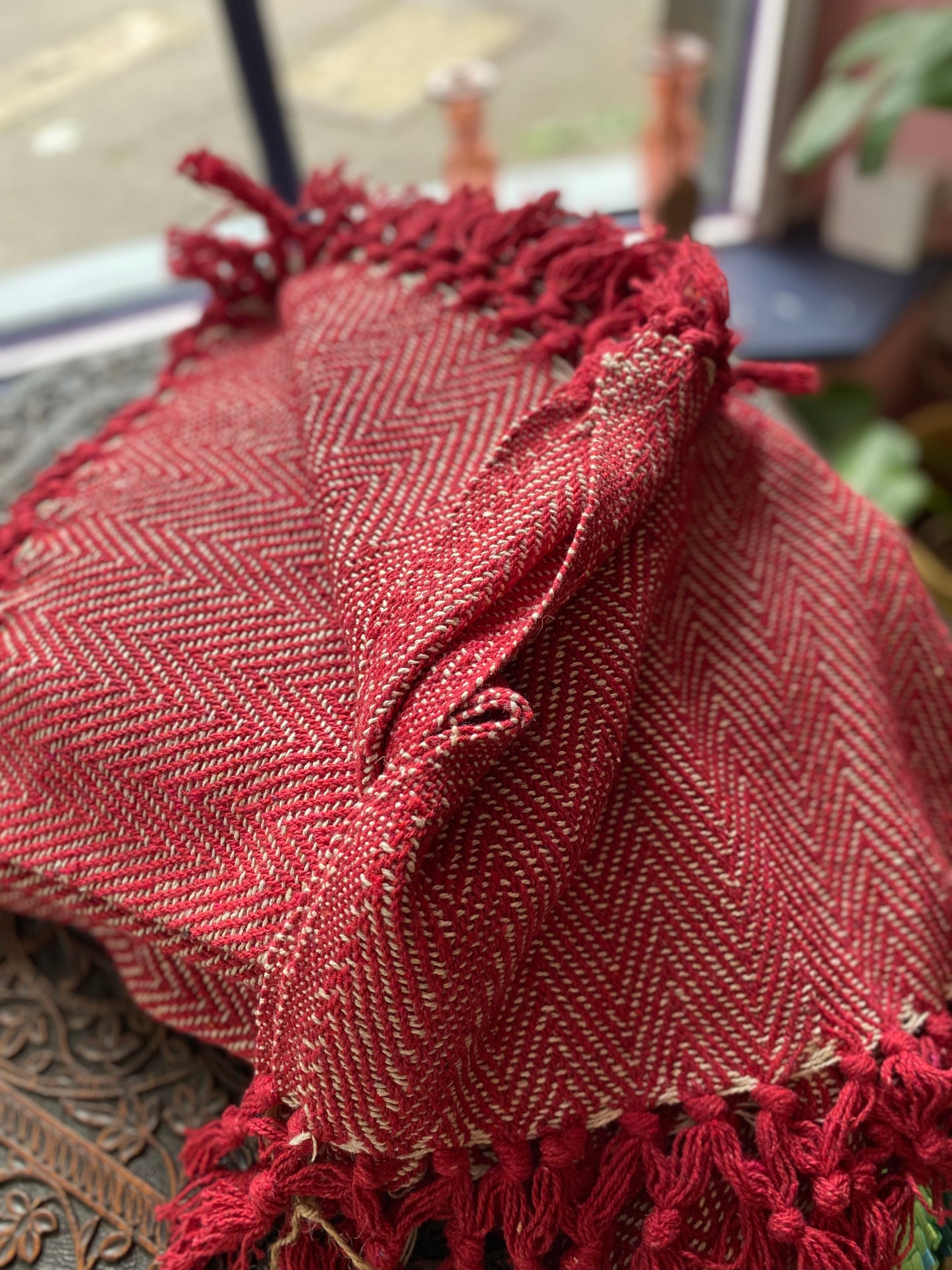 Recycled Cotton Blanket Red Herringbone