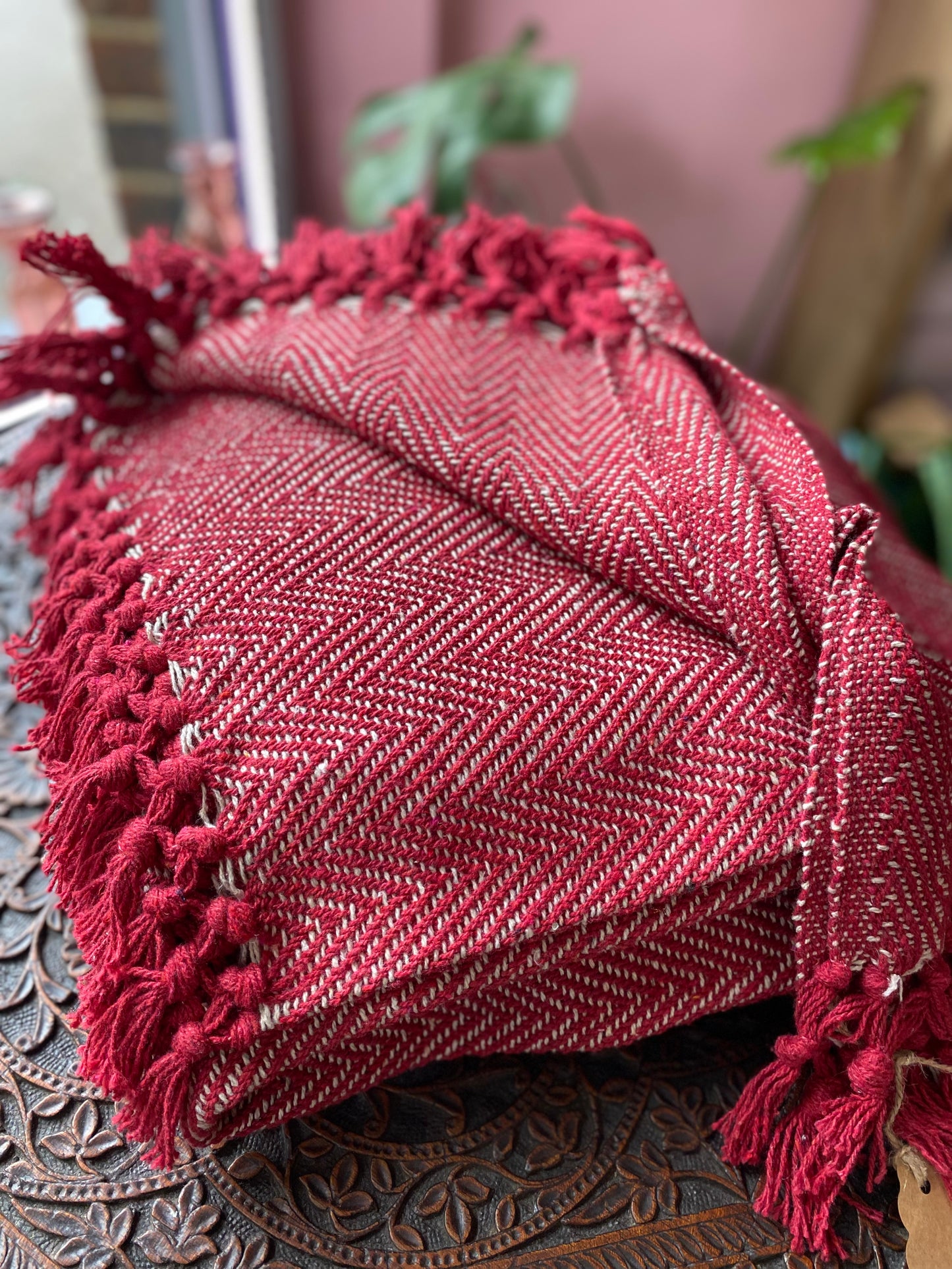 Recycled Cotton Blanket Red Herringbone