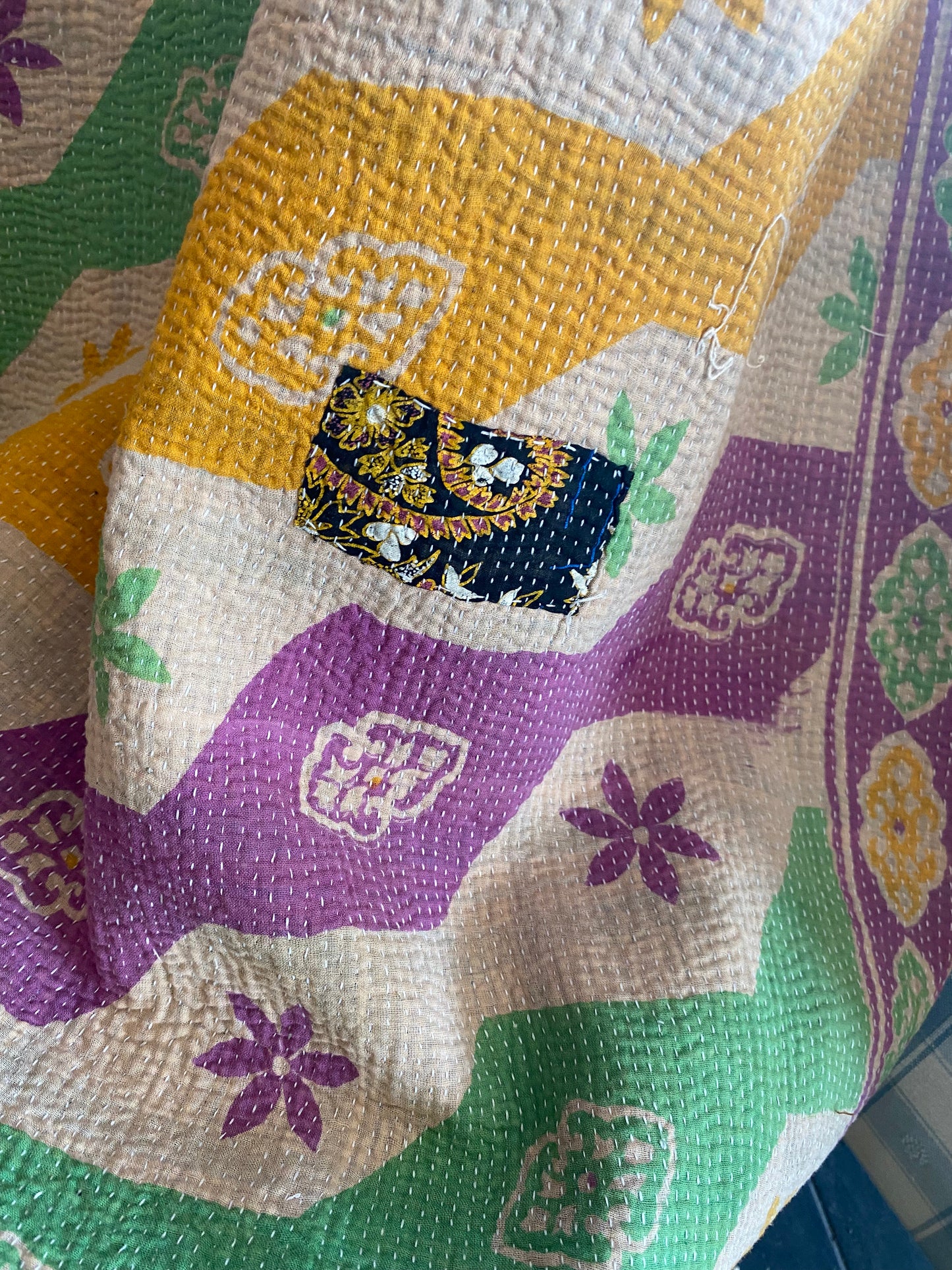 Vintage Cotton Sari Kantha Blanket