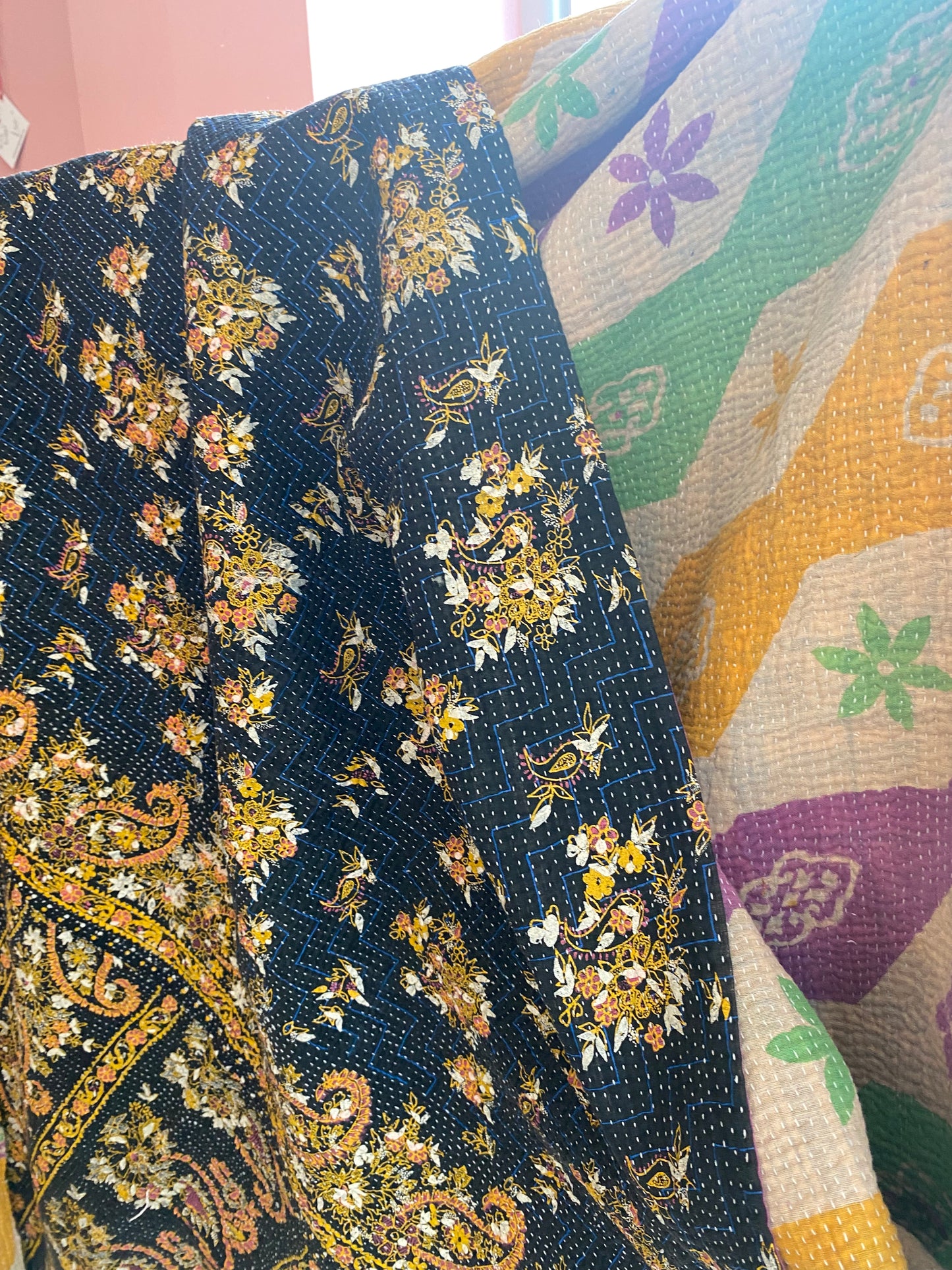 Vintage Cotton Sari Kantha Blanket