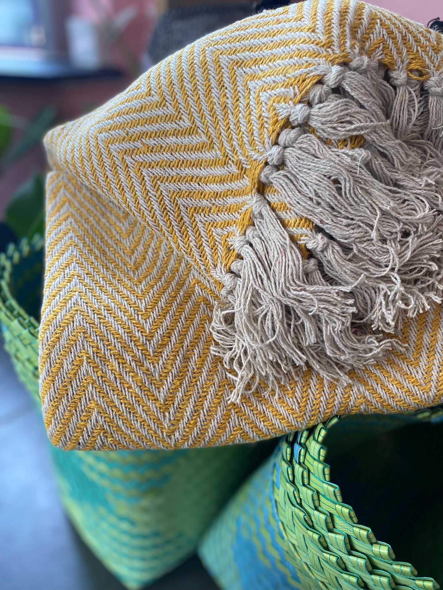 Recycled Cotton Blanket Yellow Herringbone