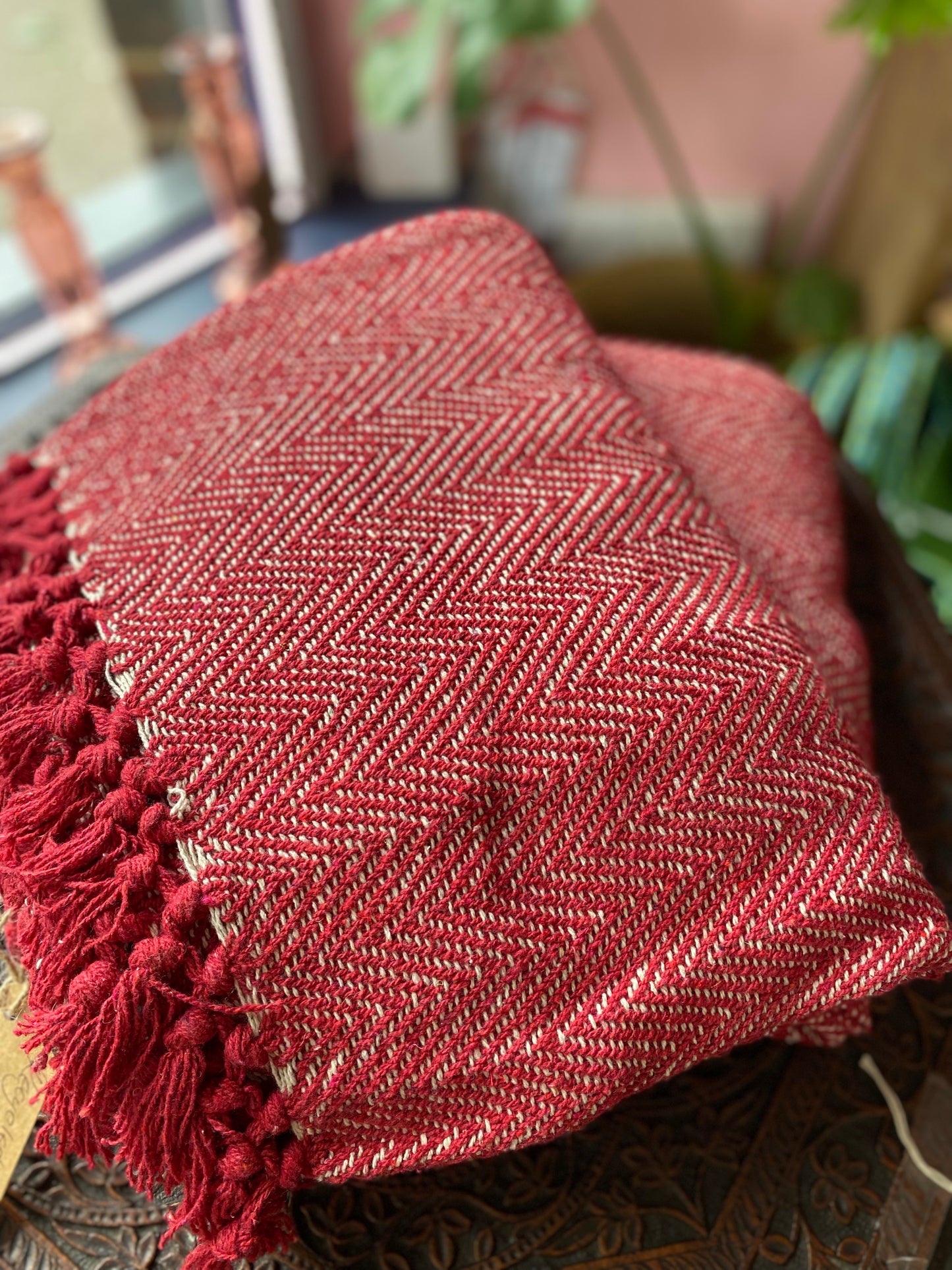 Recycled Cotton Blanket Red Herringbone