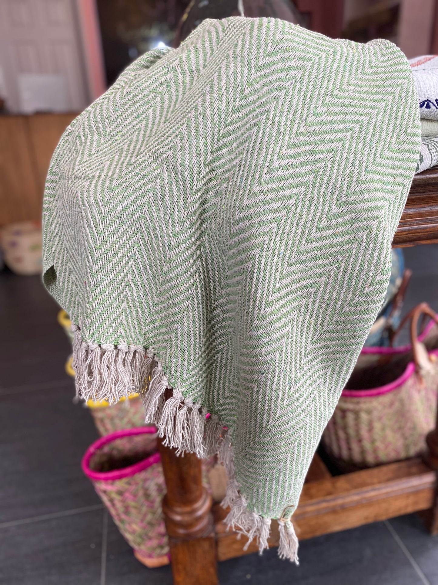 Recycled Cotton Blanket Green Herringbone