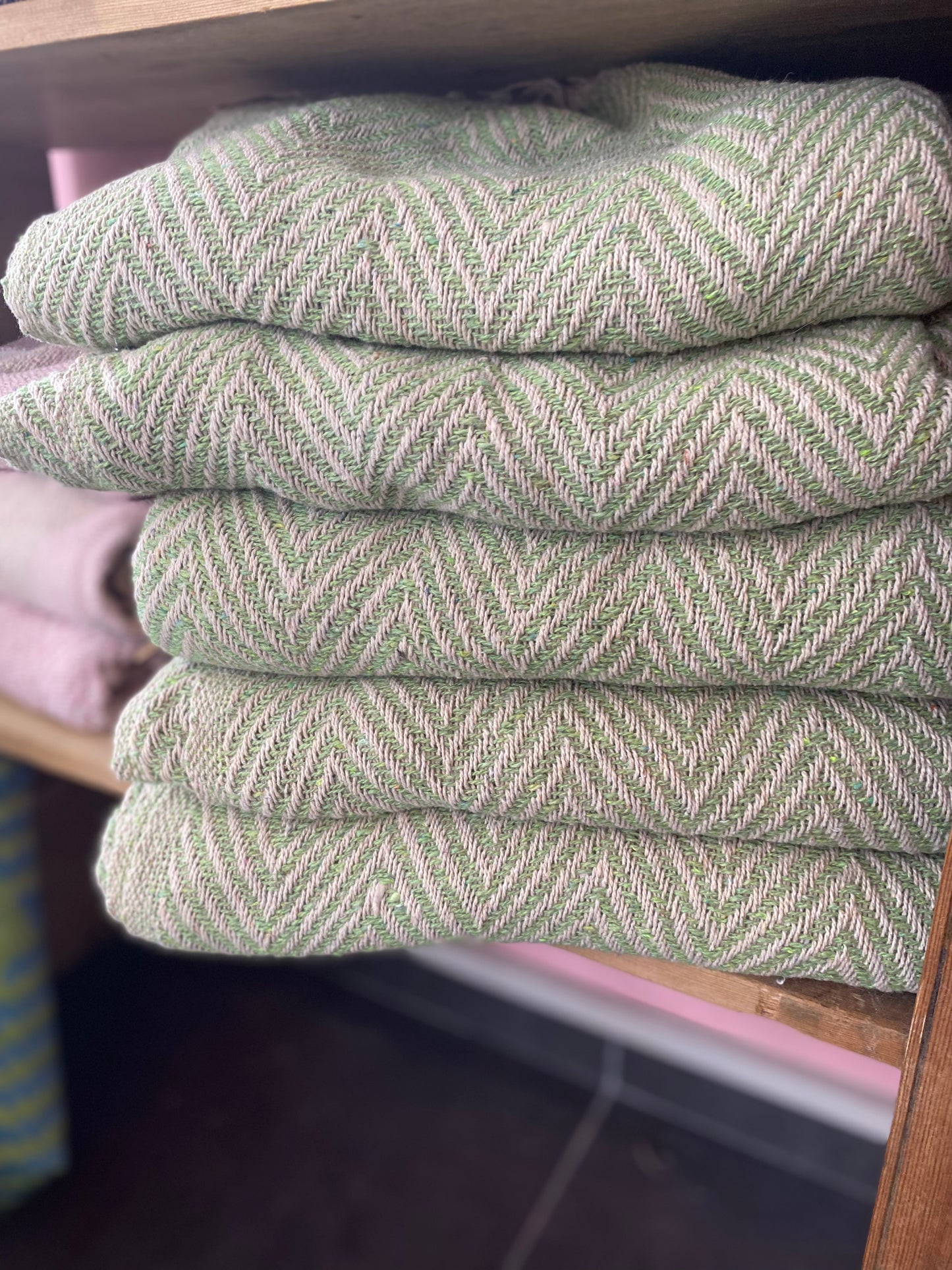 Recycled Cotton Blanket Green Herringbone