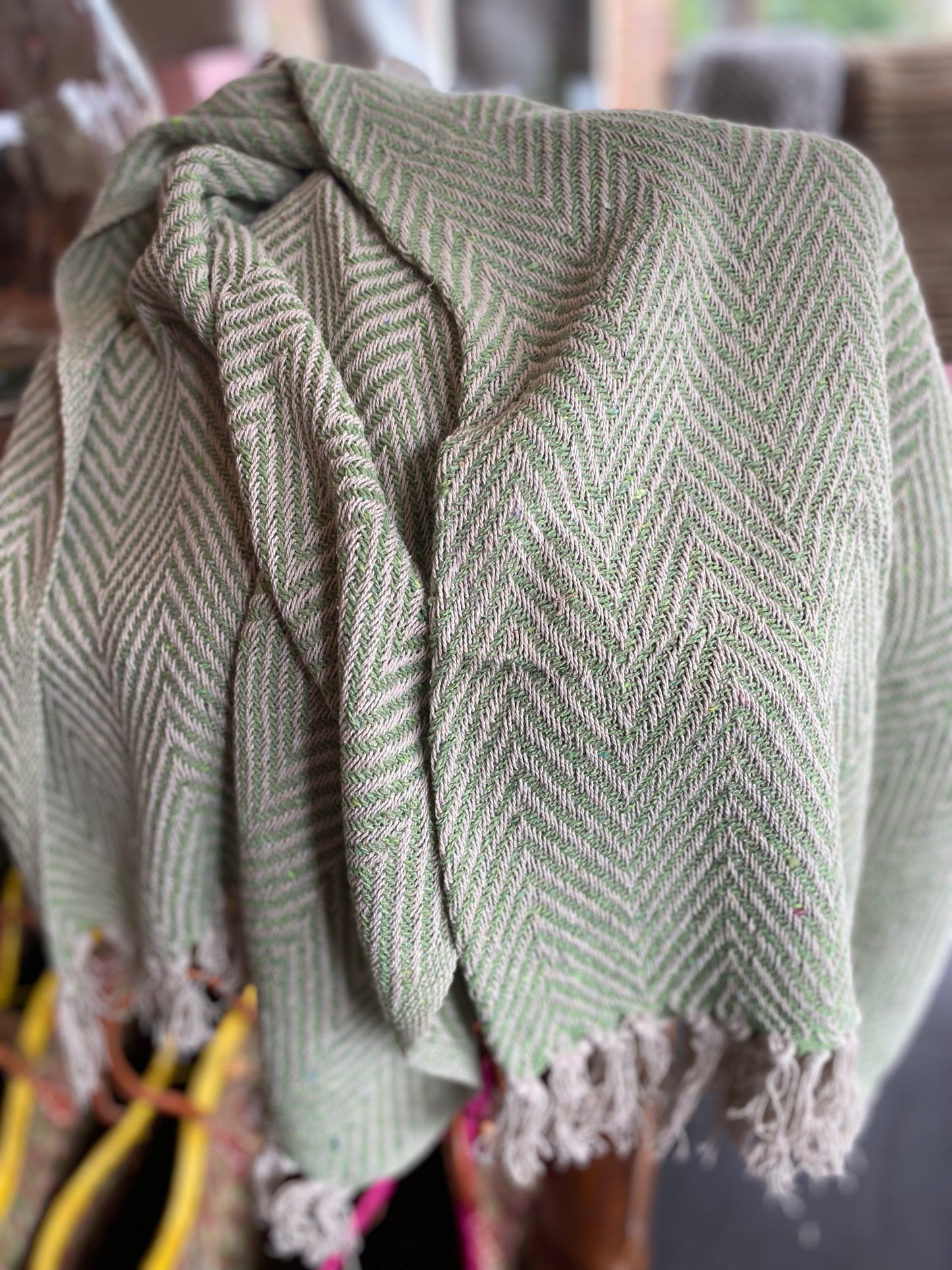 Recycled Cotton Blanket Green Herringbone