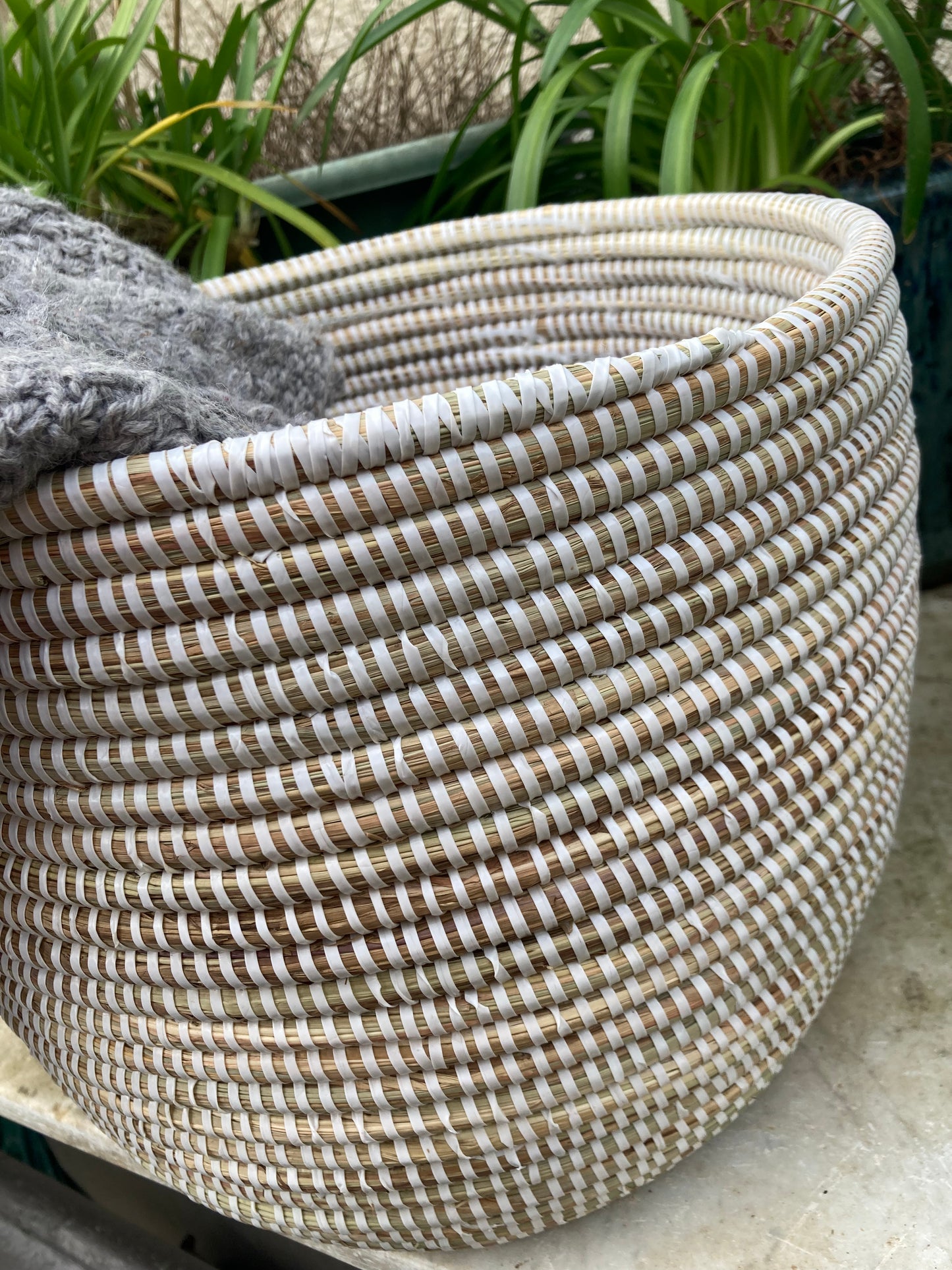 Woven Grass Basket With Recycled Strips