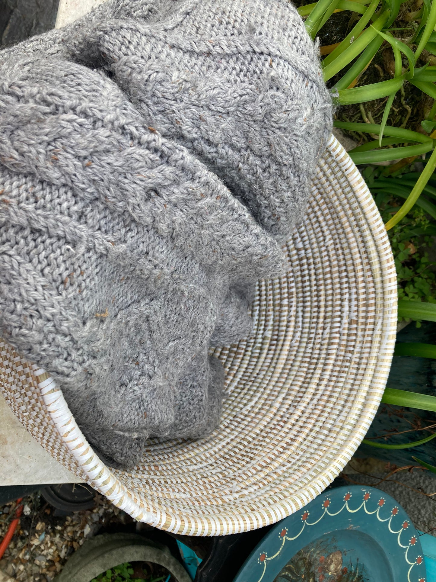 Woven Grass Basket With Recycled Strips