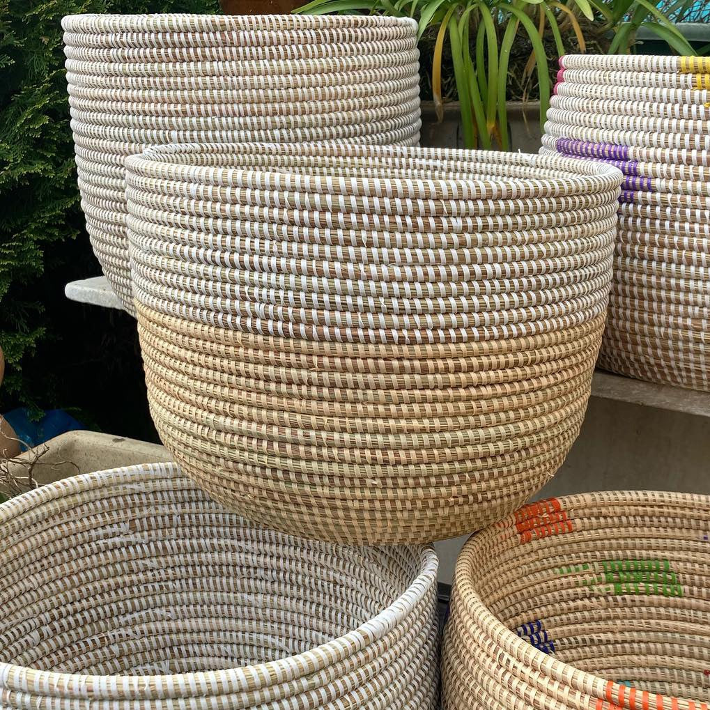 Woven Grass Basket With Recycled Strips