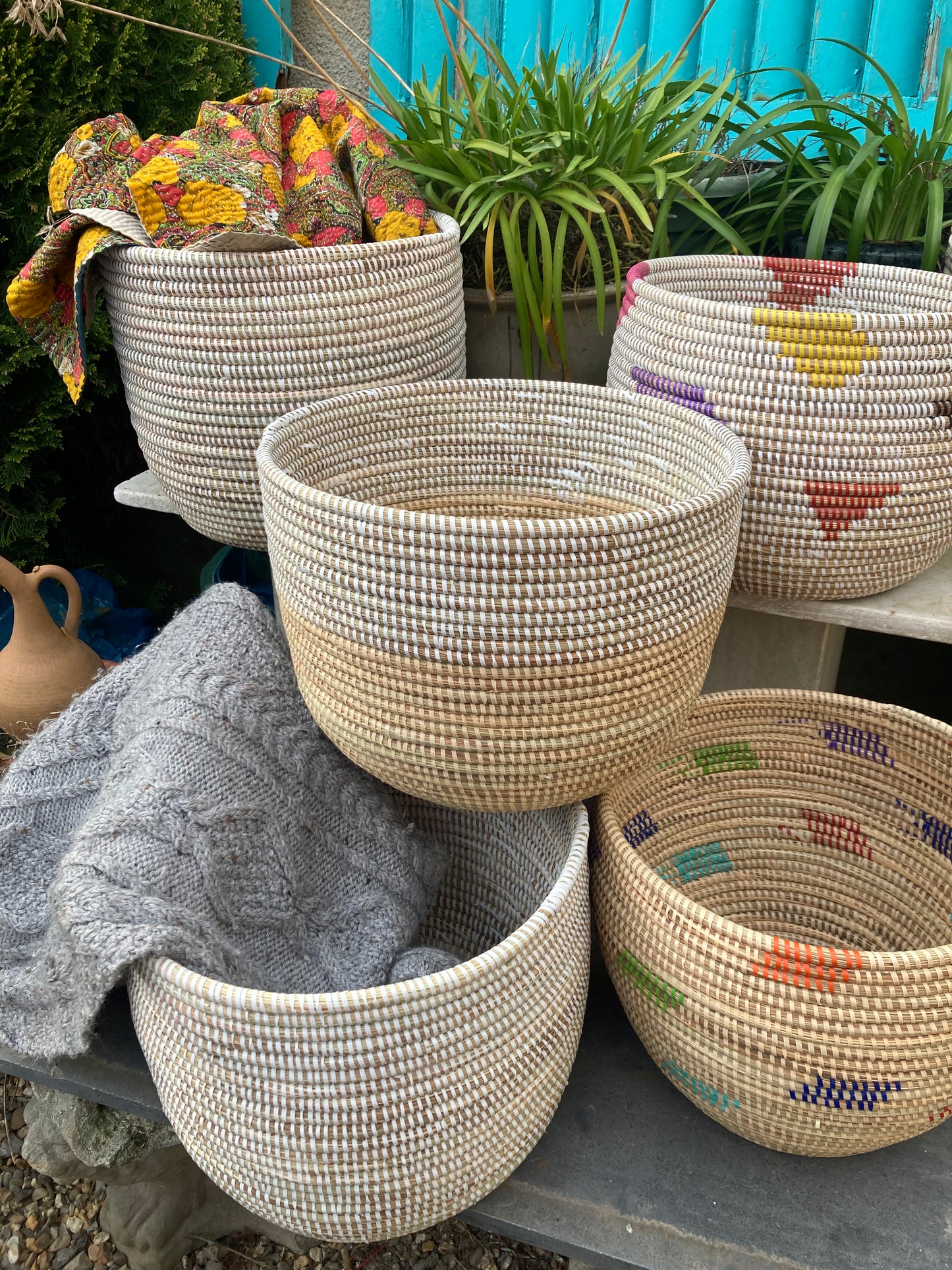 Woven Grass Basket With Recycled Strips