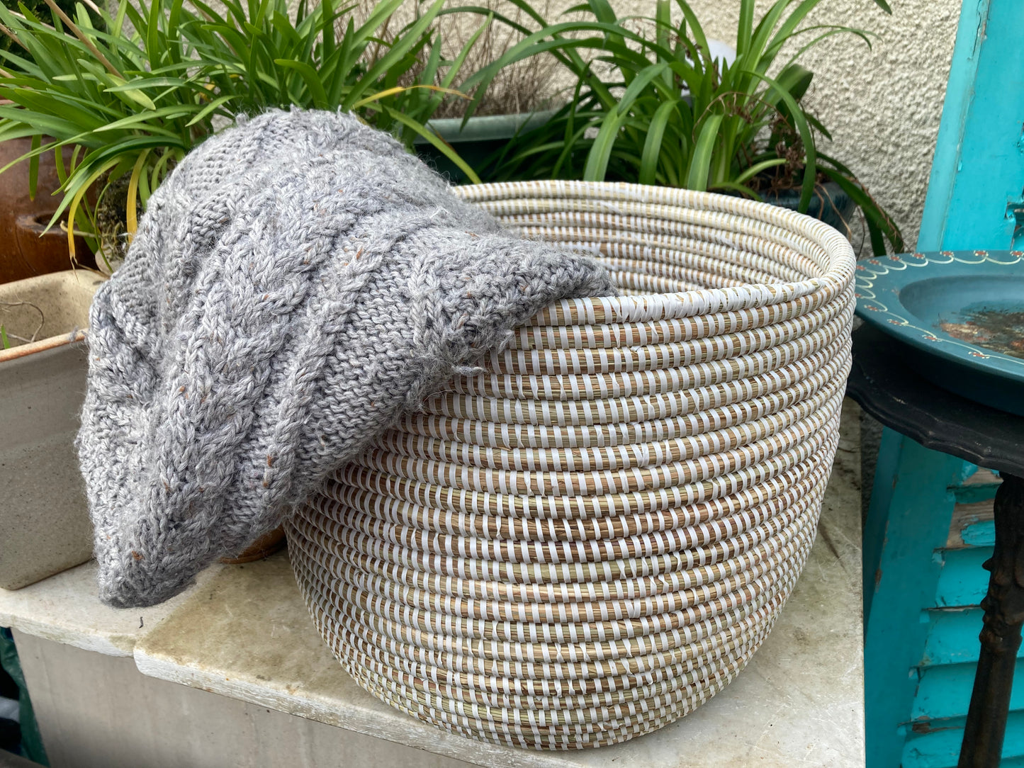 Woven Grass Basket With Recycled Strips