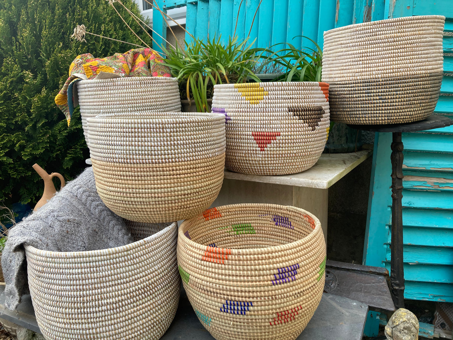 Woven Grass Basket With Recycled Strips