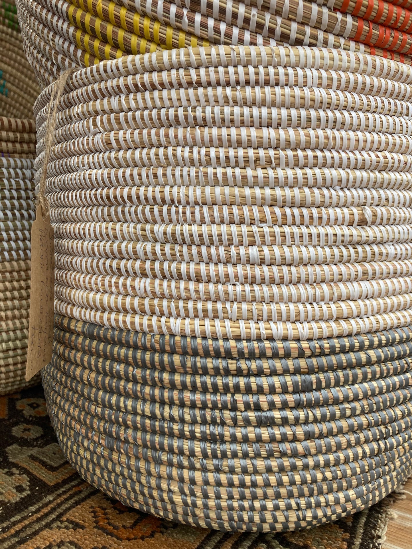 Woven Grass Basket With Recycled Strips